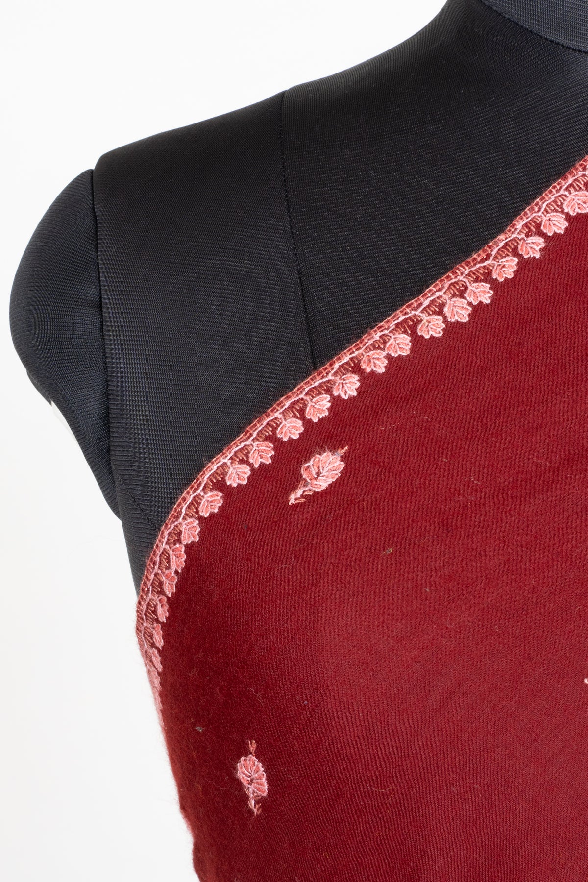 Garnet Blush Fine Merino Wool Shawl with Pink Sozni Hand Embroidered Floral Sprigs