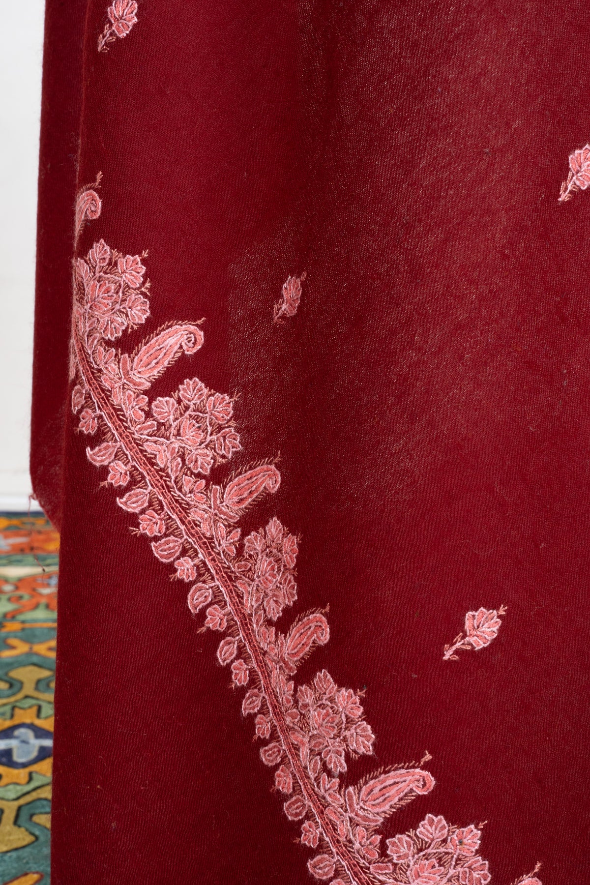 Garnet Blush Fine Merino Wool Shawl with Pink Sozni Hand Embroidered Floral Sprigs