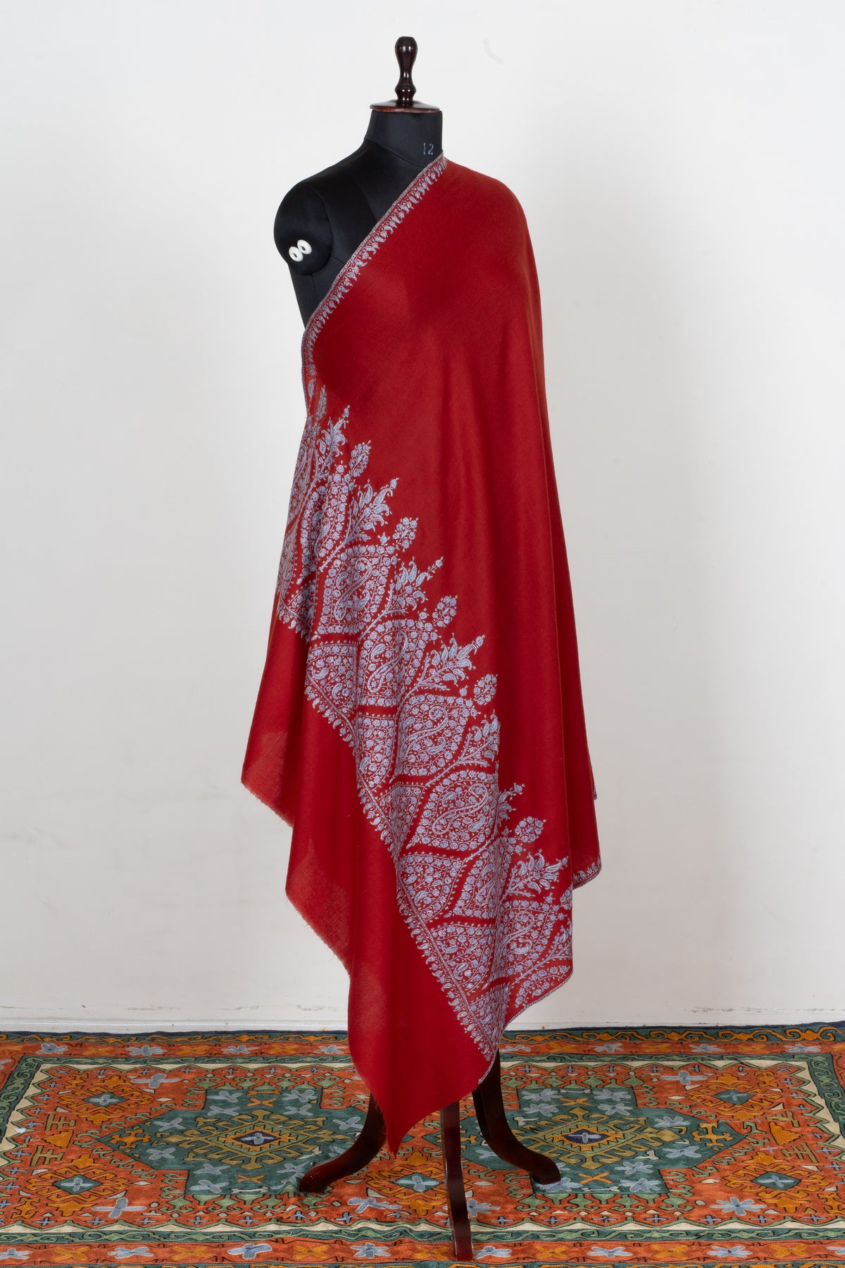 Scarlet Silver Garden Fine Merino Wool Shawl with Sozni Hand Embroidered Floral Paisley Border