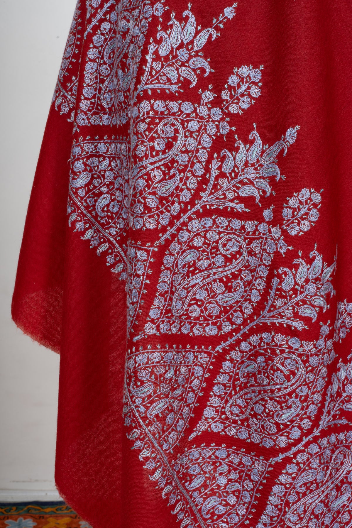 Scarlet Silver Garden Fine Merino Wool Shawl with Sozni Hand Embroidered Floral Paisley Border