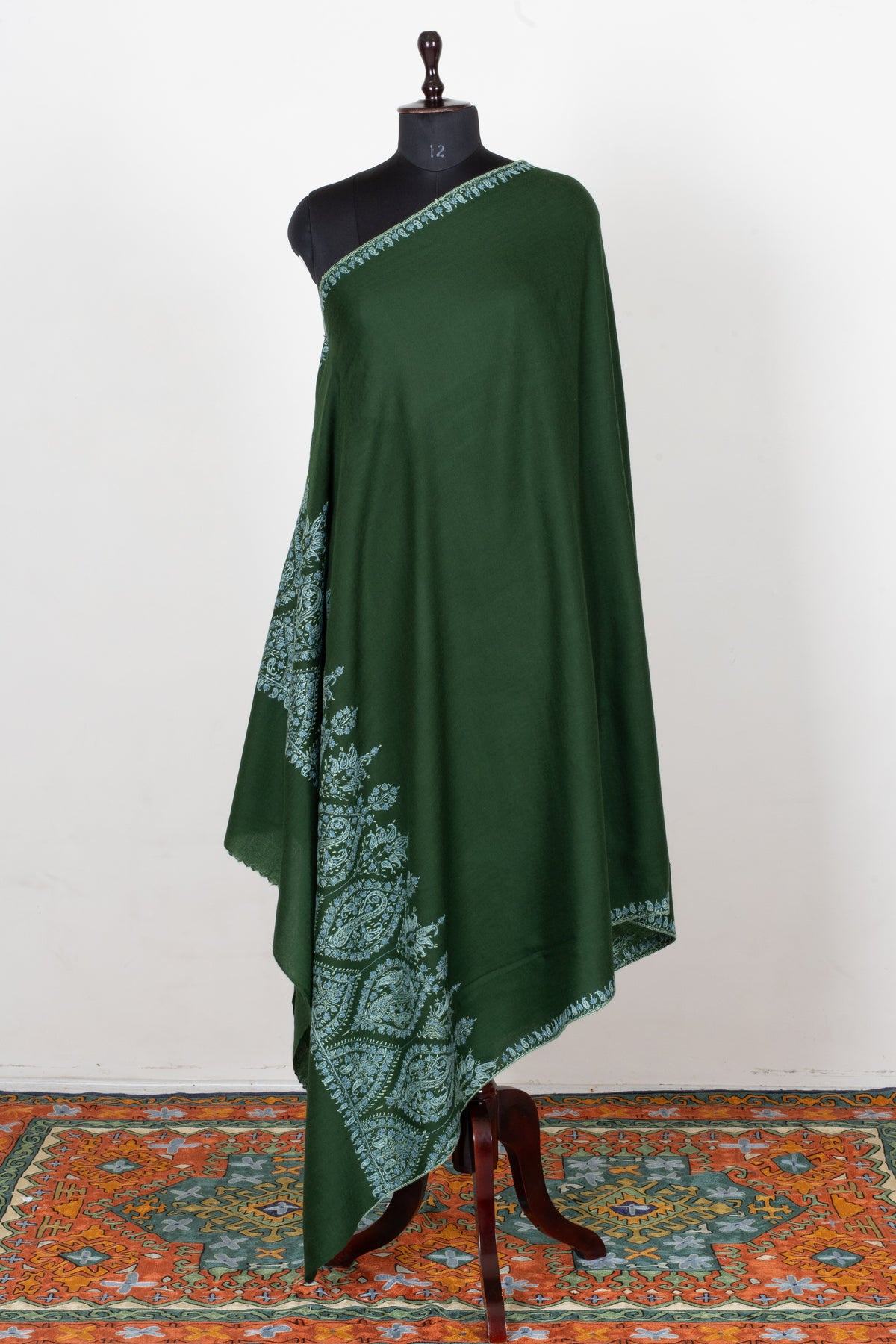 Forest Enchantment Fine Merino Wool Shawl with Ice Blue Sozni Hand Embroidered Paisley Borders
