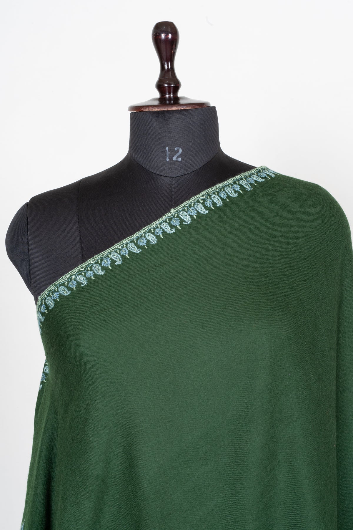 Forest Enchantment Fine Merino Wool Shawl with Ice Blue Sozni Hand Embroidered Paisley Borders