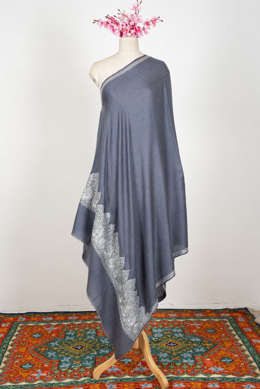 Silver Mist Elegance: Hand Tilla Embroidered Pure Pashmina Shawl
