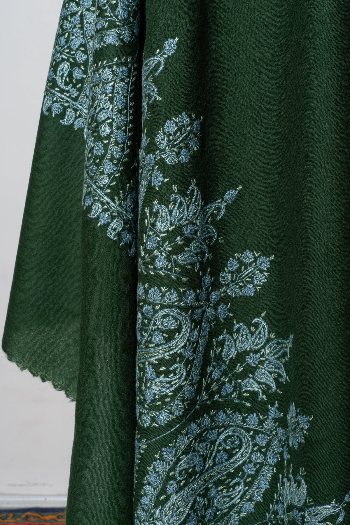 Forest Enchantment Fine Merino Wool Shawl with Ice Blue Sozni Hand Embroidered Paisley Borders