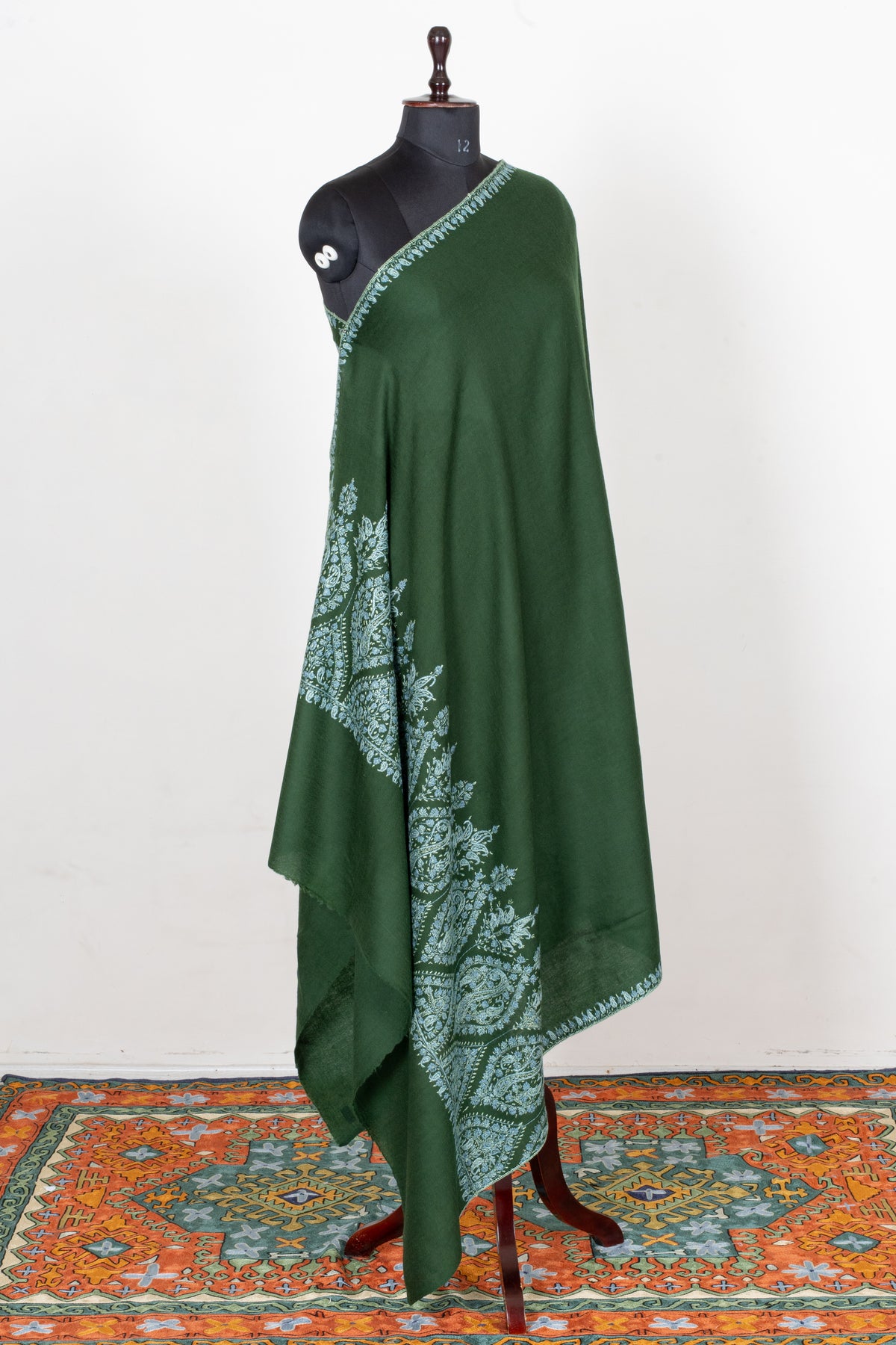 Forest Enchantment Fine Merino Wool Shawl with Ice Blue Sozni Hand Embroidered Paisley Borders