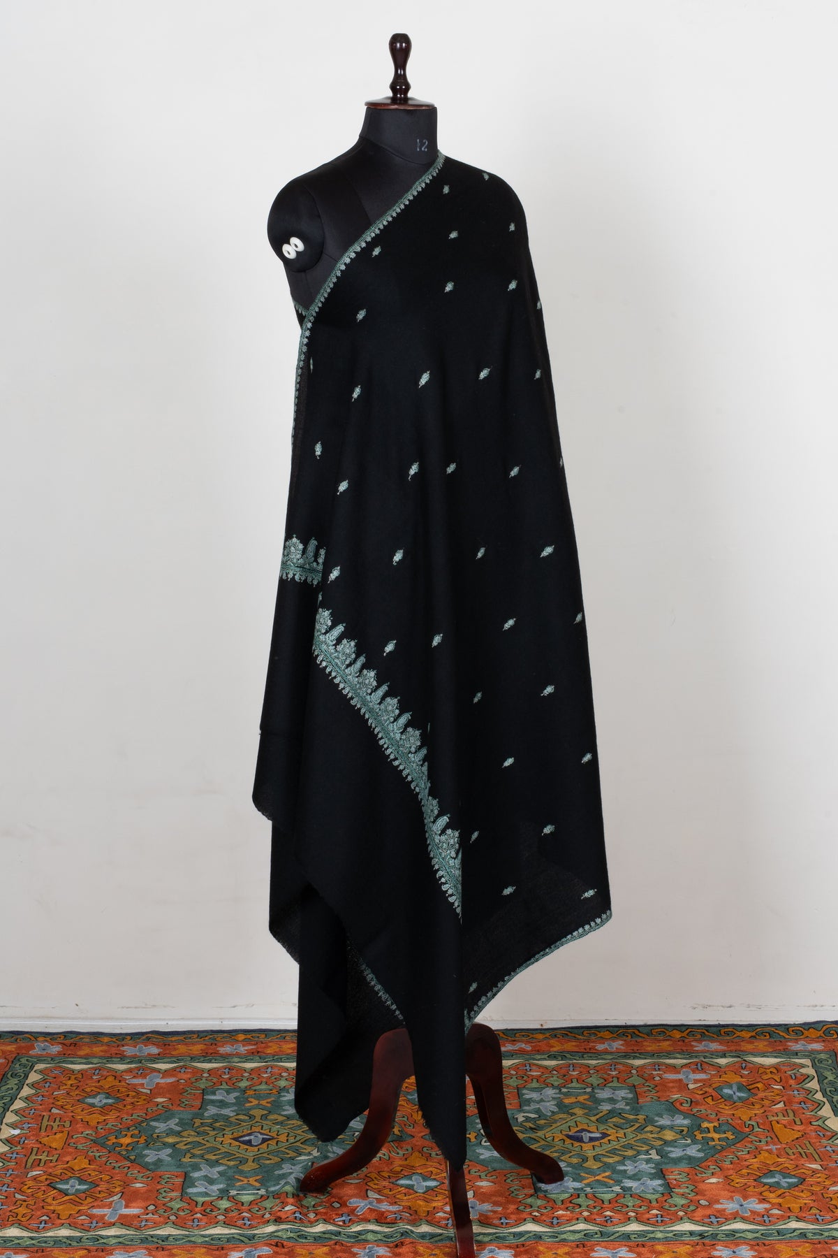 Midnight Mint Fine Merino Wool Shawl with Sozni Hand Embroidered Floral Sprigs