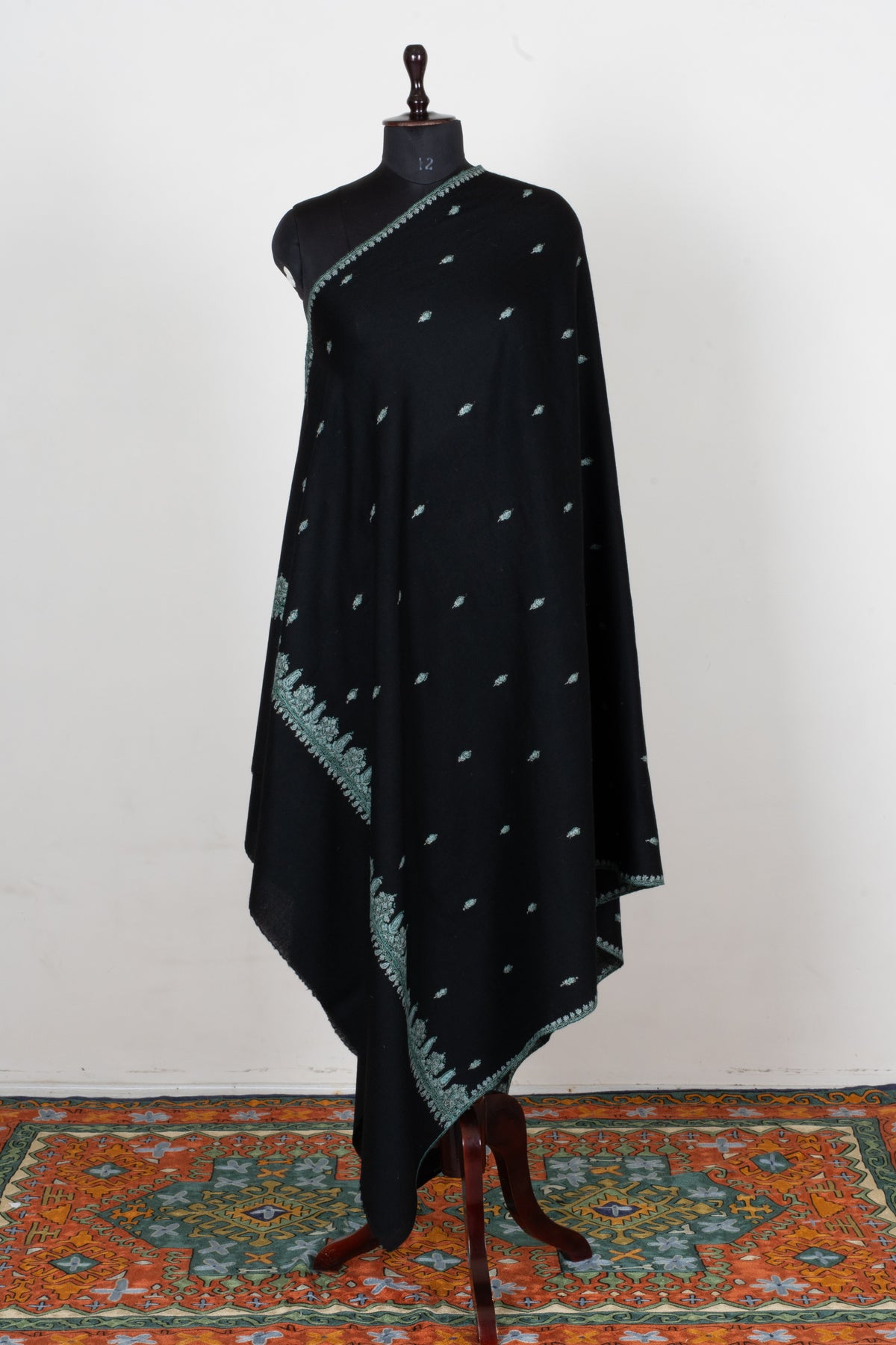 Midnight Mint Fine Merino Wool Shawl with Sozni Hand Embroidered Floral Sprigs