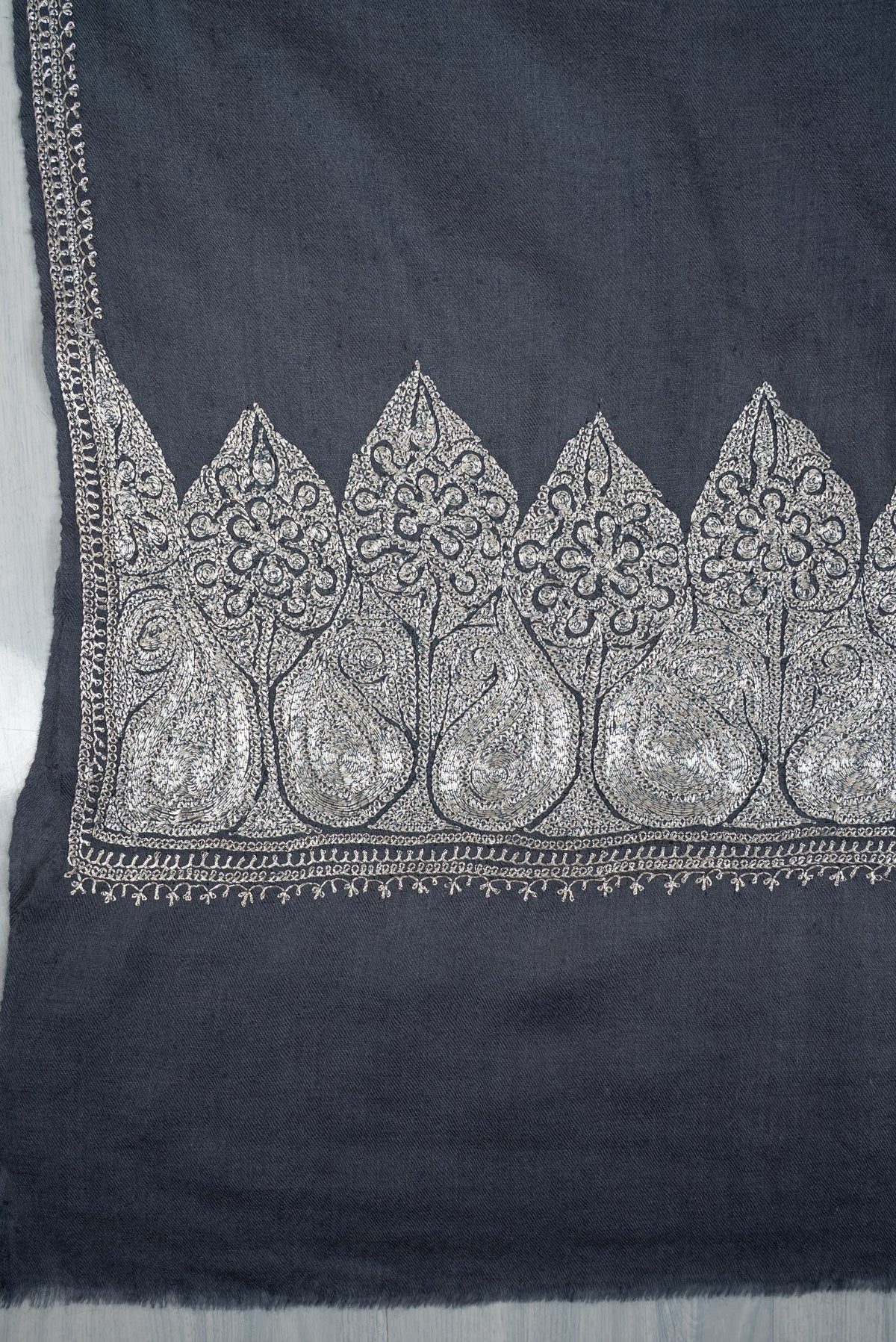 Silver Mist Elegance: Hand Tilla Embroidered Pure Pashmina Shawl