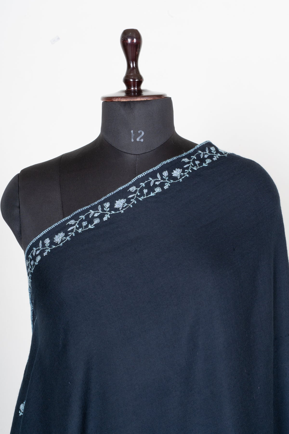 Midnight Frost Fine Merino Wool Shawl with Silver Blue Sozni Hand Embroidered Floral Borders