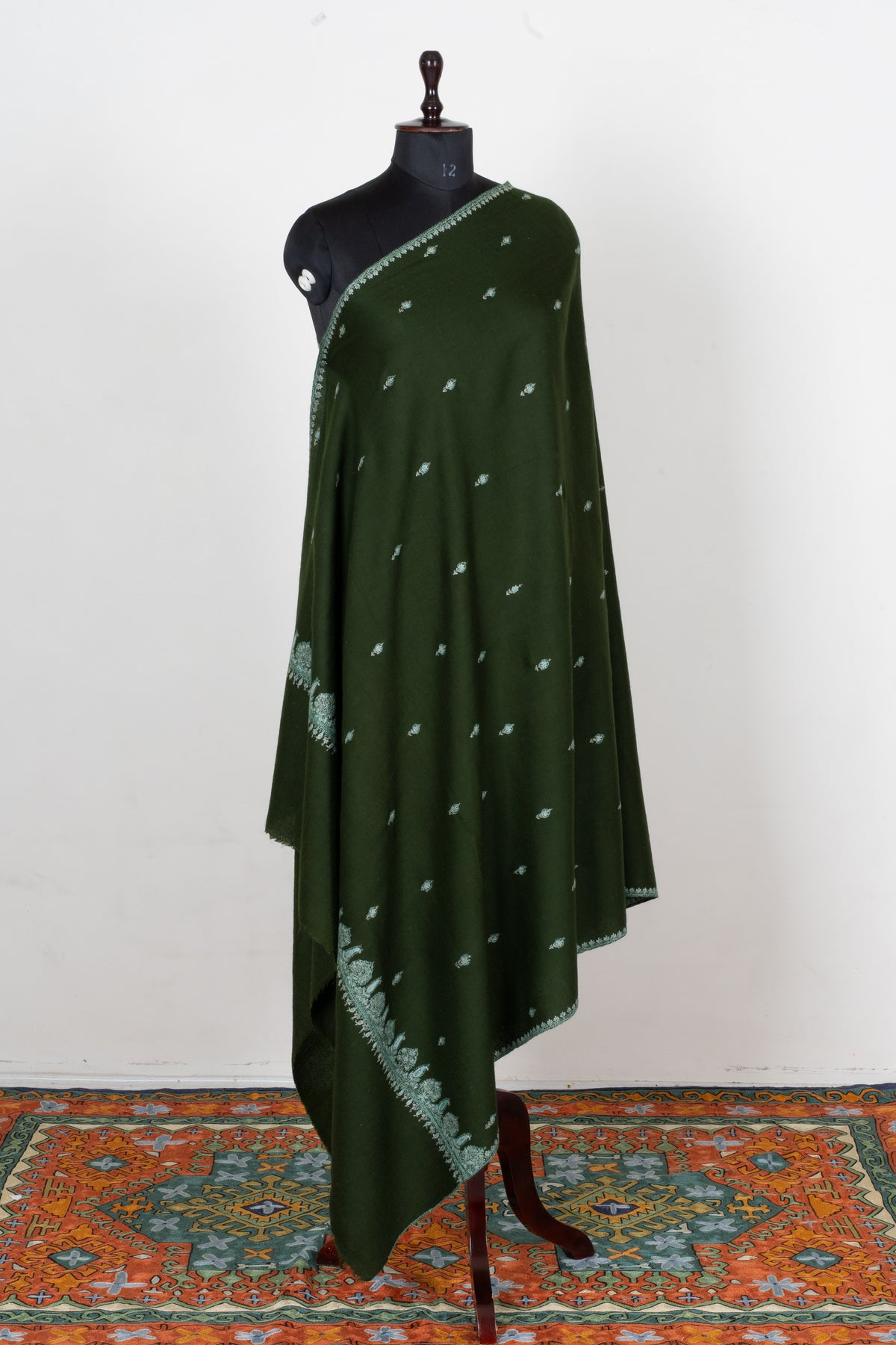 Evergreen Mist Fine Merino Wool Shawl with Mint Sozni Hand Embroidered Floral Accents