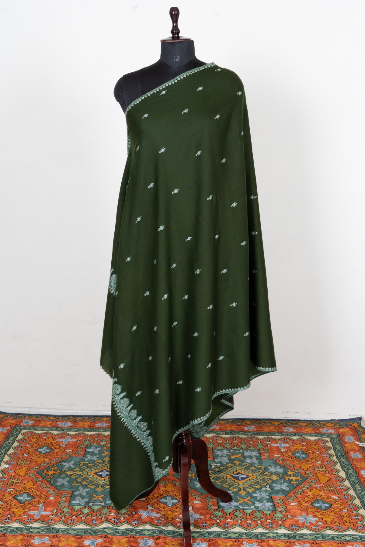Evergreen Mist Fine Merino Wool Shawl with Mint Sozni Hand Embroidered Floral Accents