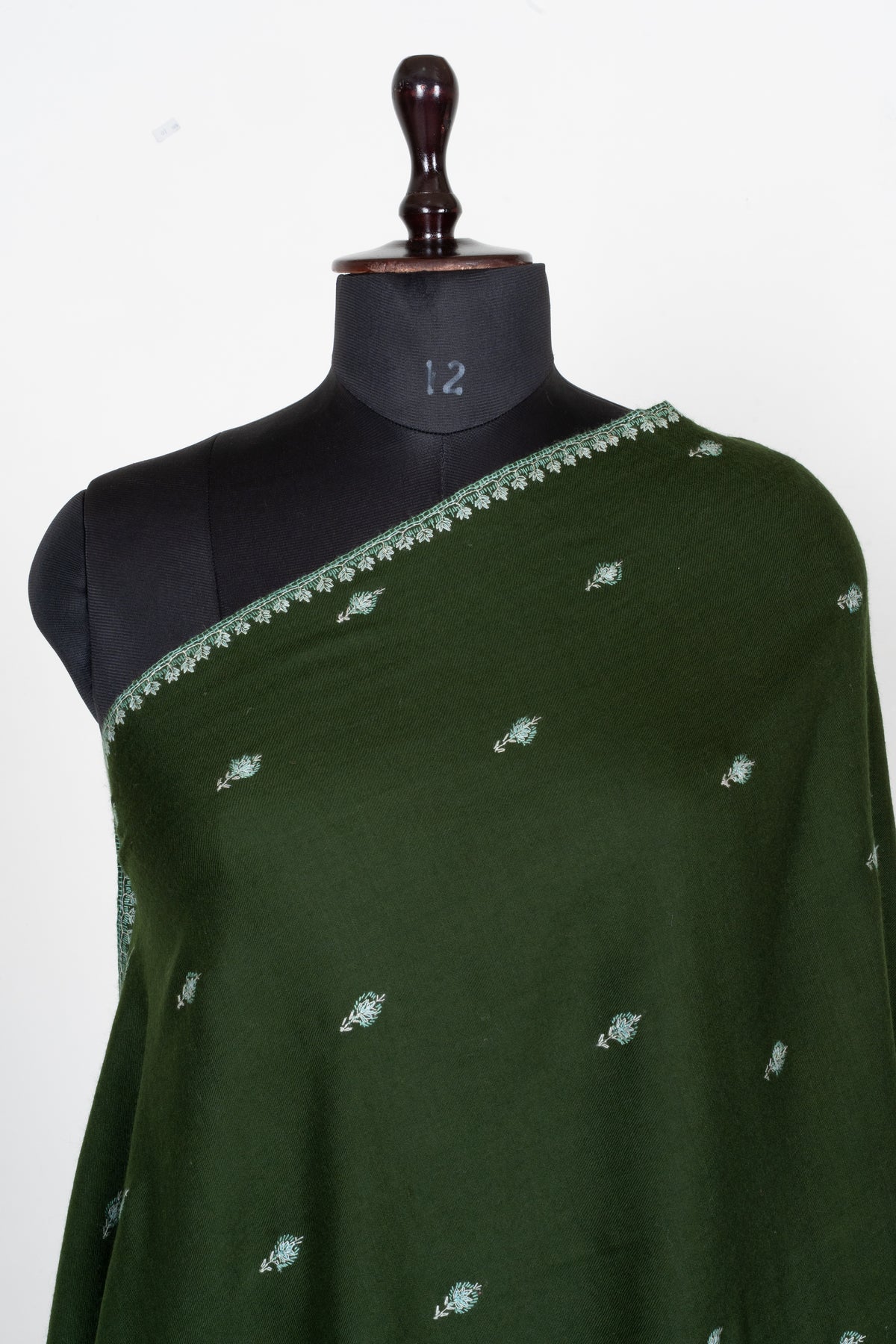 Evergreen Mist Fine Merino Wool Shawl with Mint Sozni Hand Embroidered Floral Accents