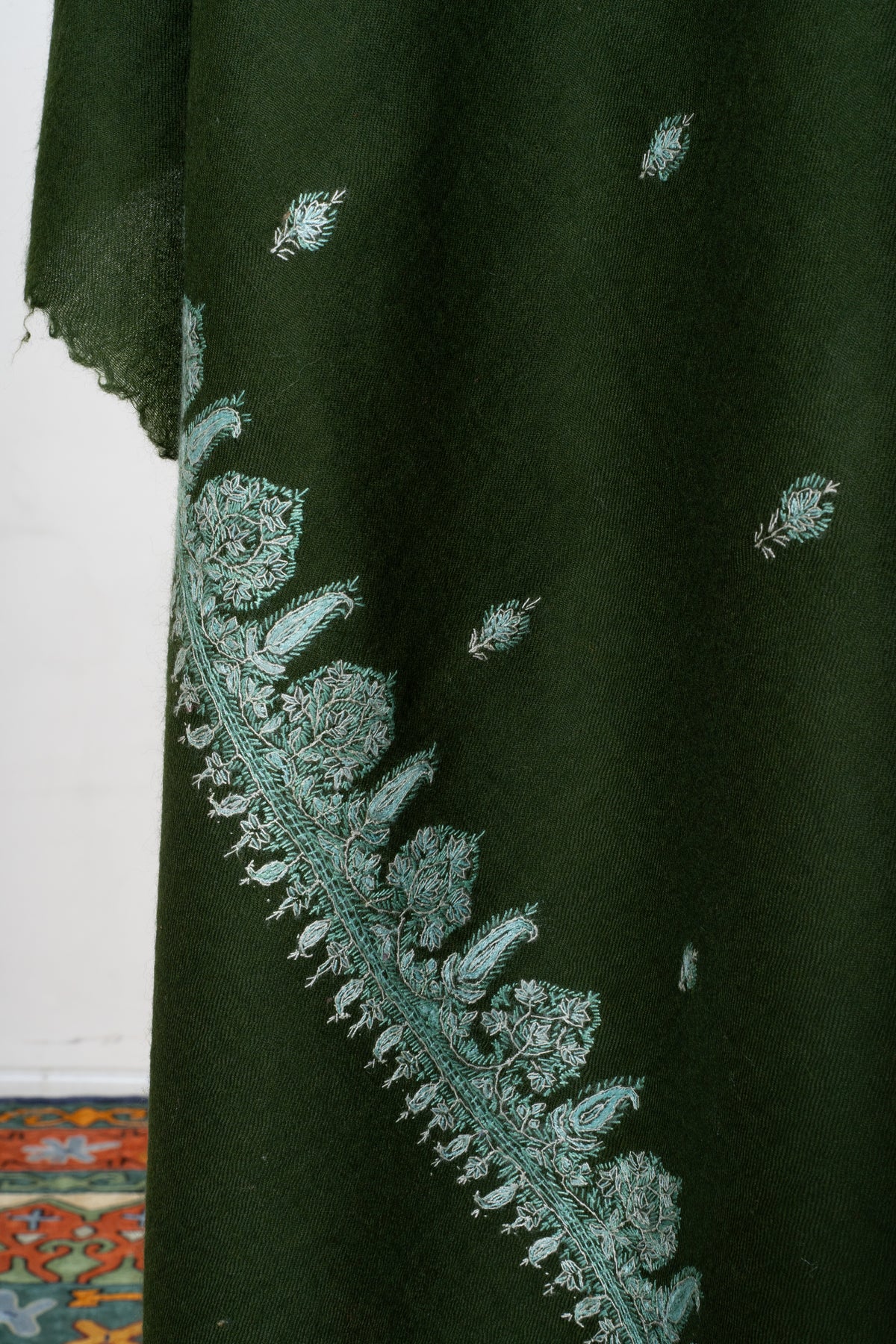 Evergreen Mist Fine Merino Wool Shawl with Mint Sozni Hand Embroidered Floral Accents