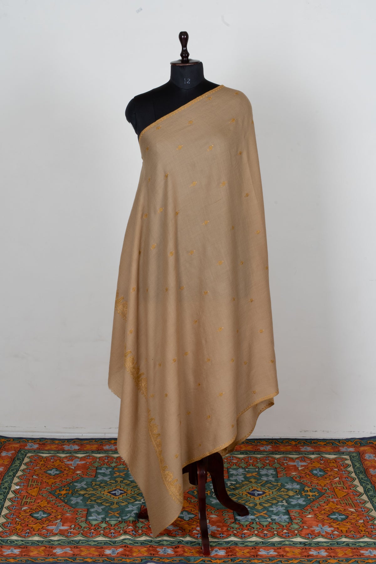 Golden Sand Fine Merino Wool Shawl with Sozni Hand Embroidered Floral Sprigs