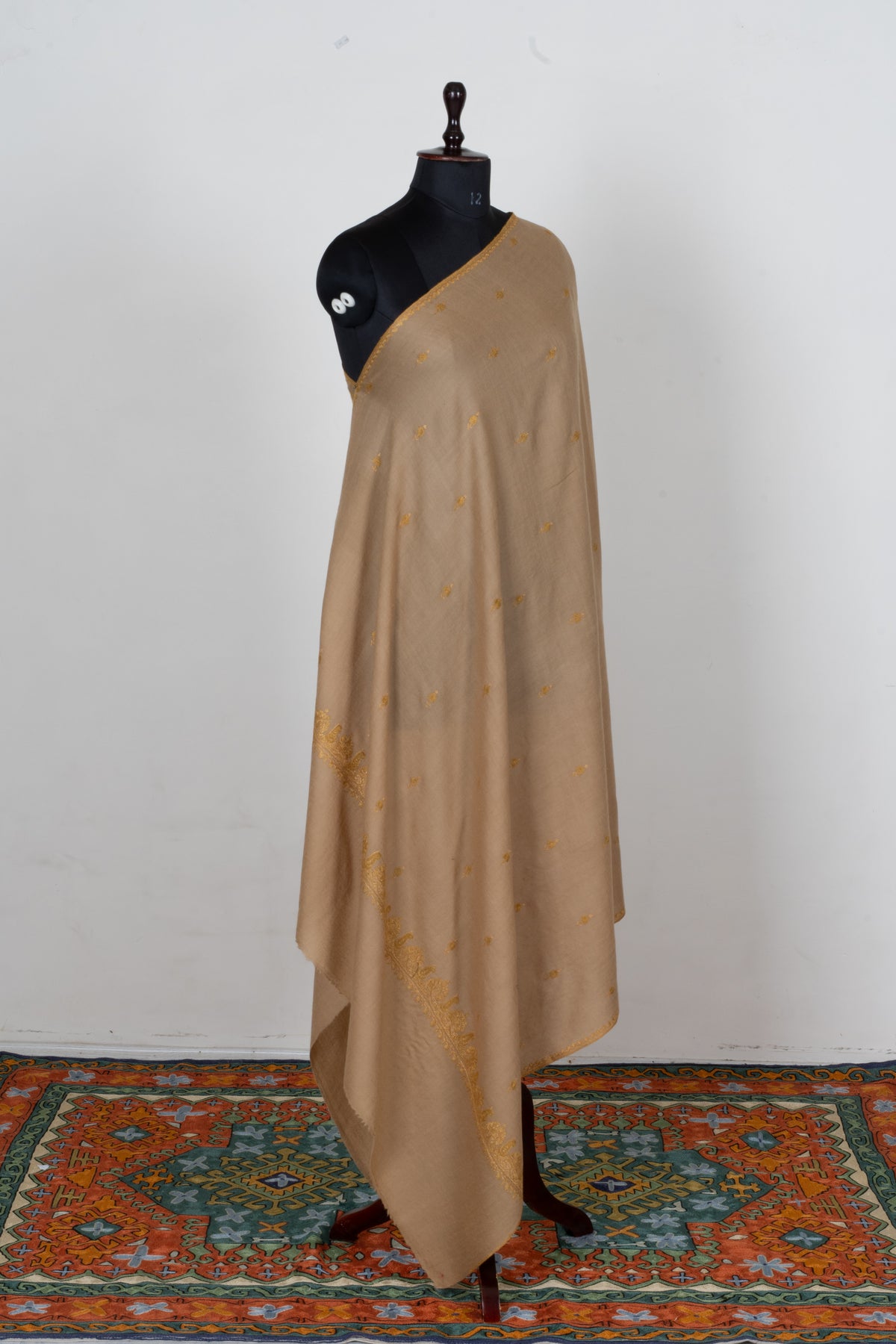 Golden Sand Fine Merino Wool Shawl with Sozni Hand Embroidered Floral Sprigs