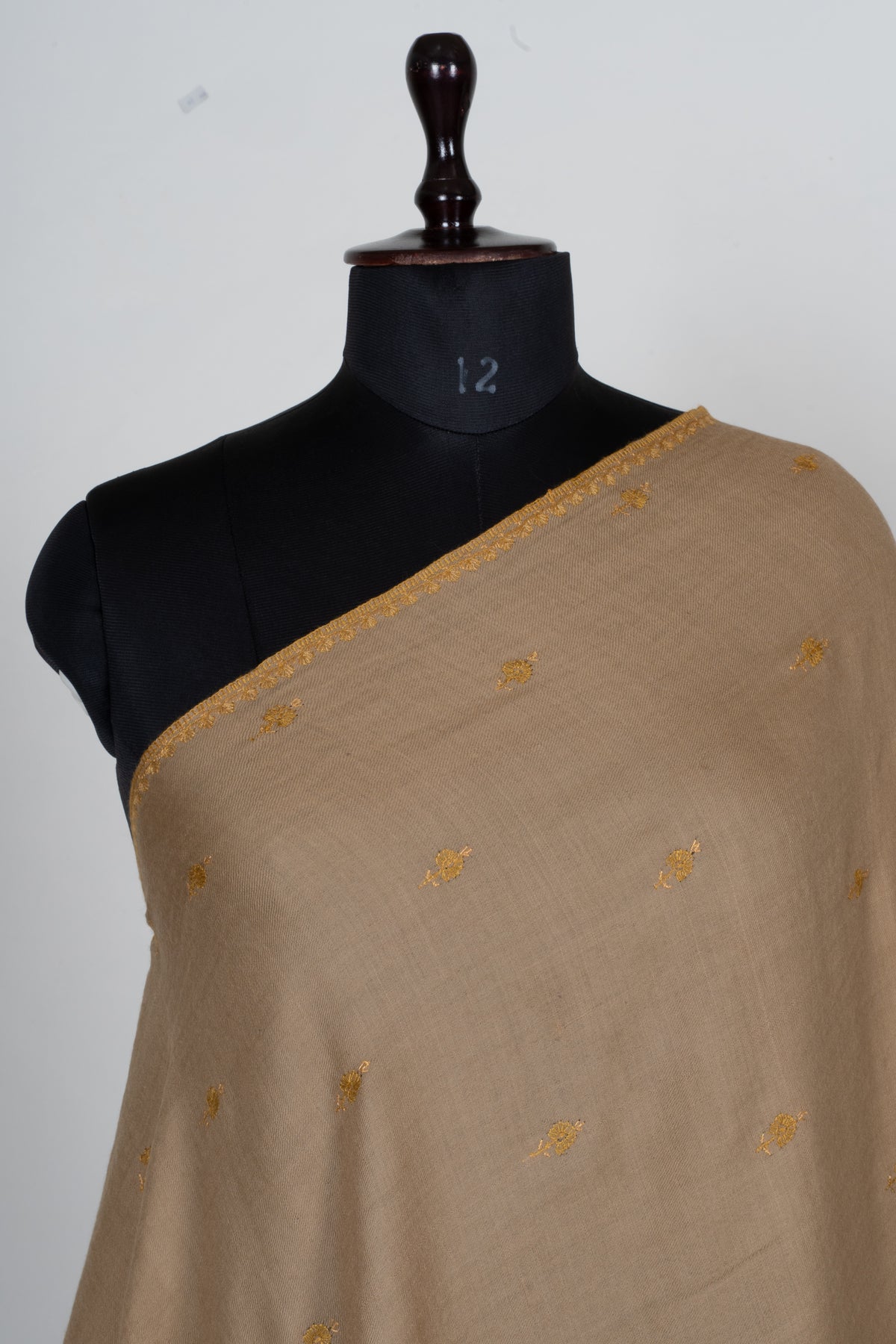 Golden Sand Fine Merino Wool Shawl with Sozni Hand Embroidered Floral Sprigs