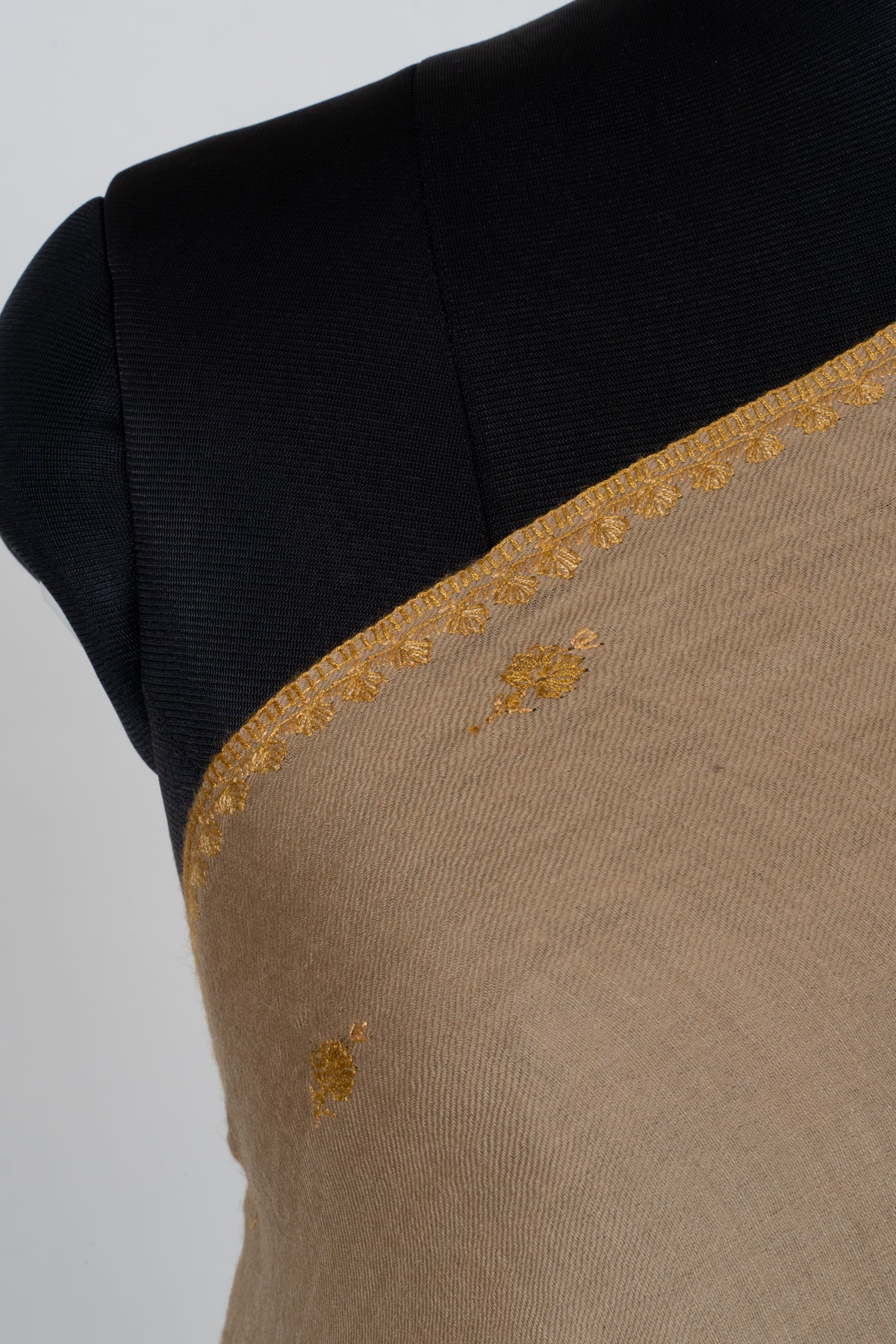 Golden Sand Fine Merino Wool Shawl with Sozni Hand Embroidered Floral Sprigs
