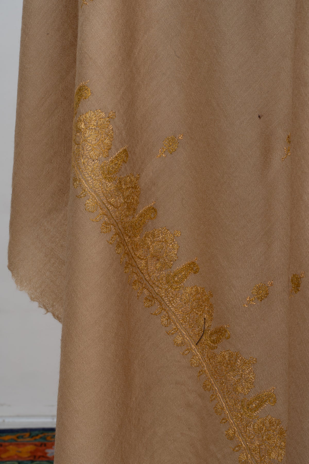 Golden Sand Fine Merino Wool Shawl with Sozni Hand Embroidered Floral Sprigs