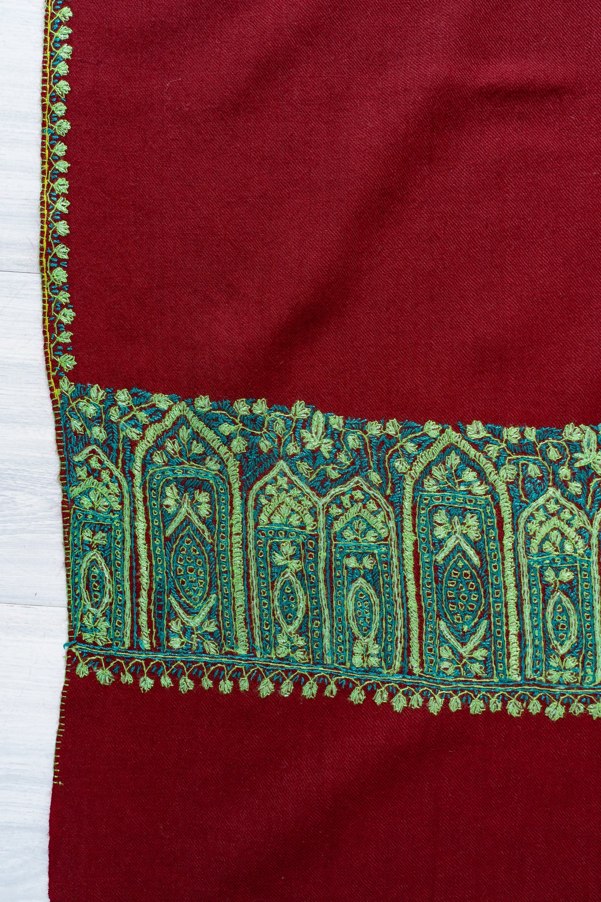 Ruby Lagoon Fine Merino Wool Shawl with Turquoise Sozni Hand Embroidered Paisley Border