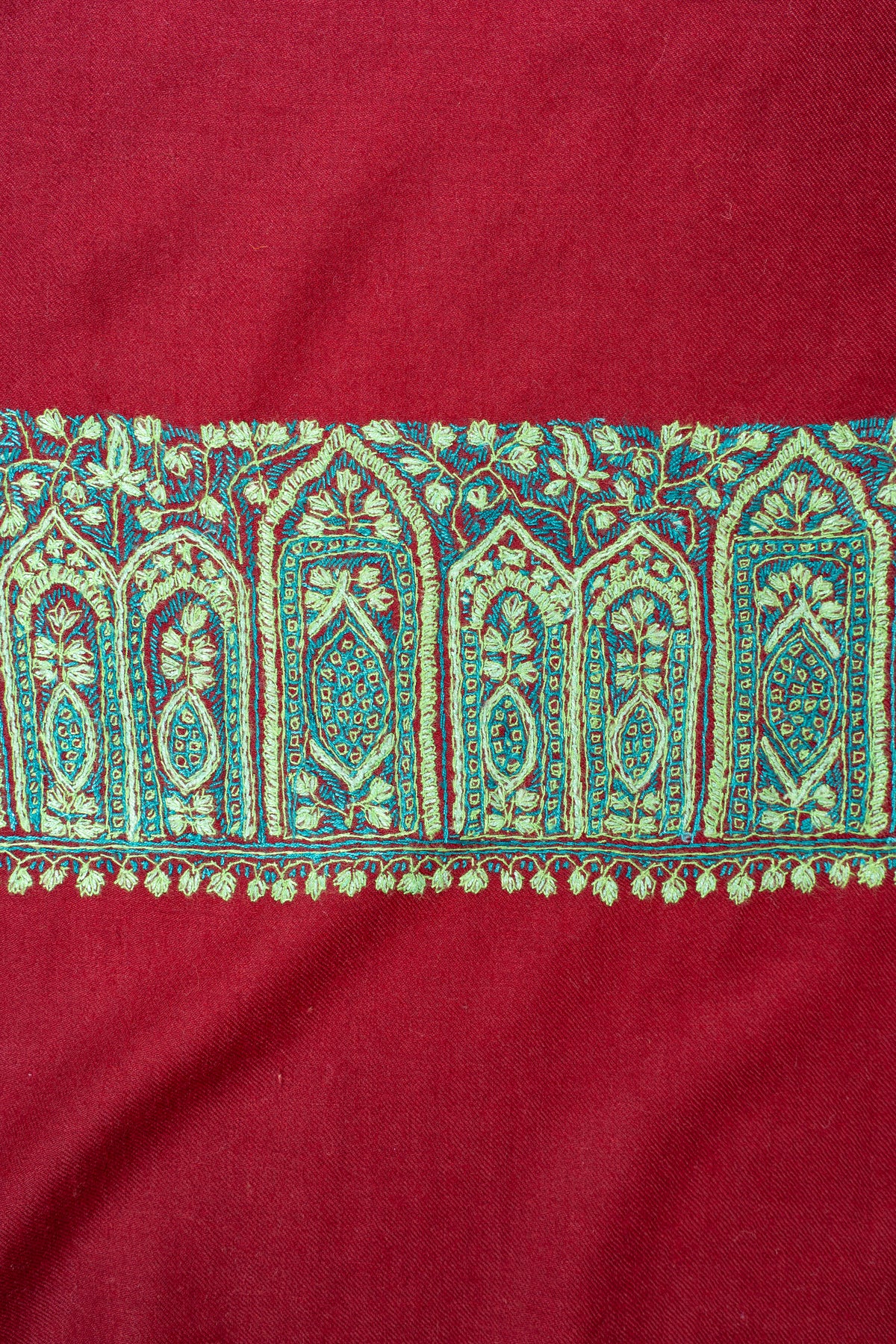Ruby Lagoon Fine Merino Wool Shawl with Turquoise Sozni Hand Embroidered Paisley Border