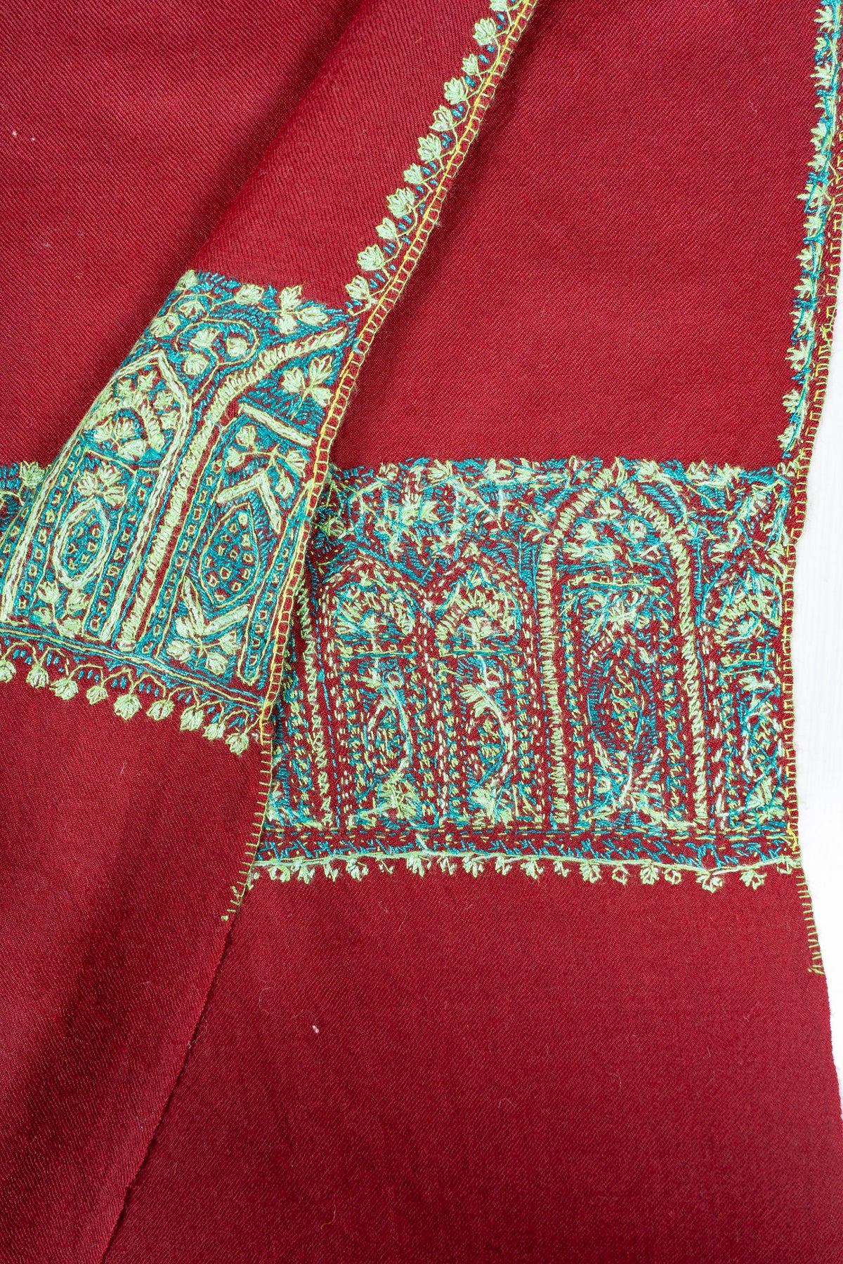 Ruby Lagoon Fine Merino Wool Shawl with Turquoise Sozni Hand Embroidered Paisley Border