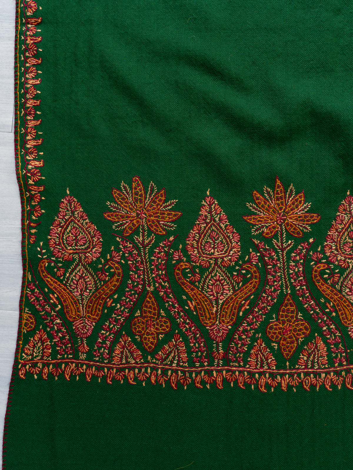 Emerald Ember Fine Merino Wool Shawl with Copper Sozni Hand Embroidered Floral Paisleys