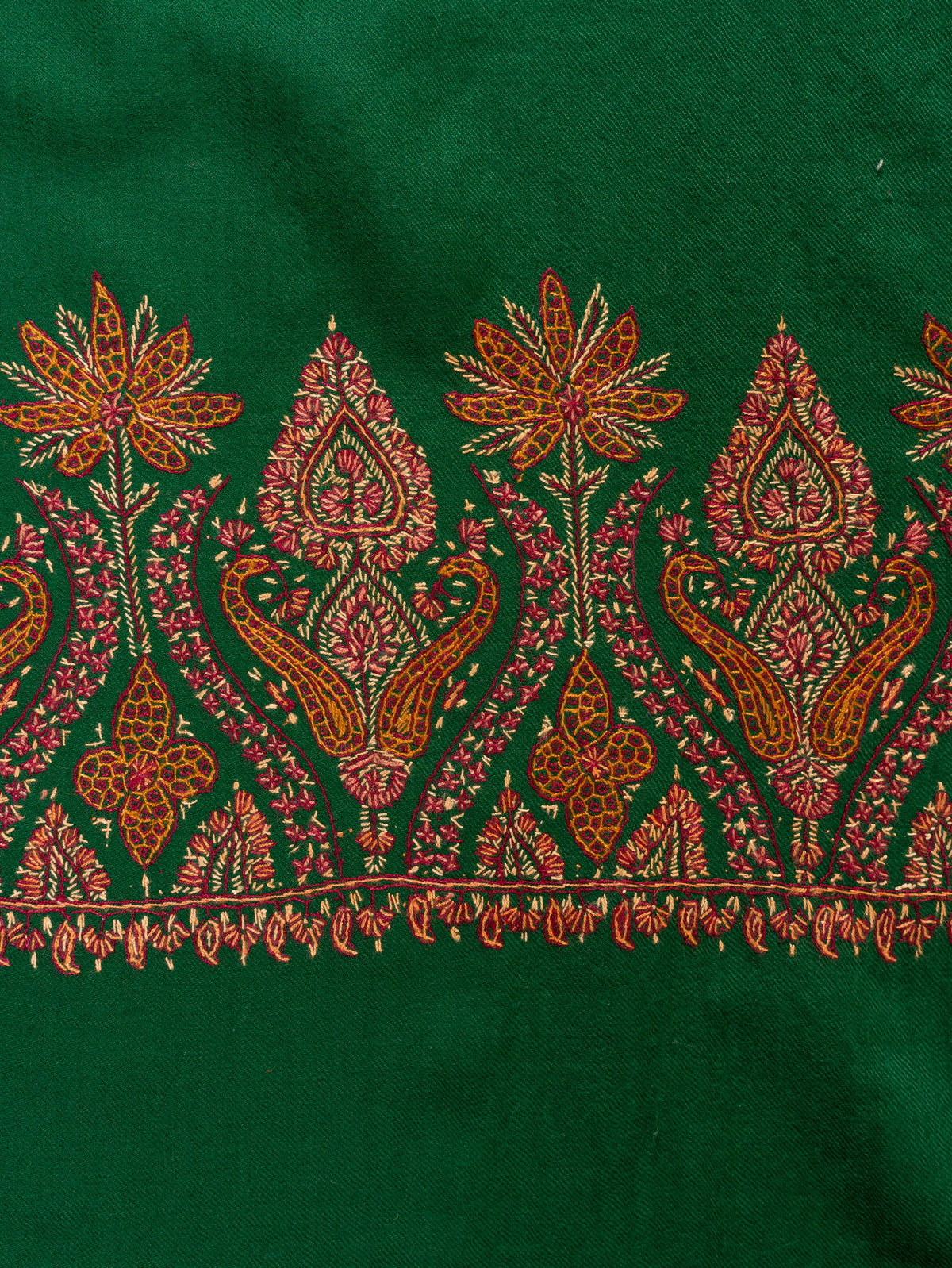 Emerald Ember Fine Merino Wool Shawl with Copper Sozni Hand Embroidered Floral Paisleys