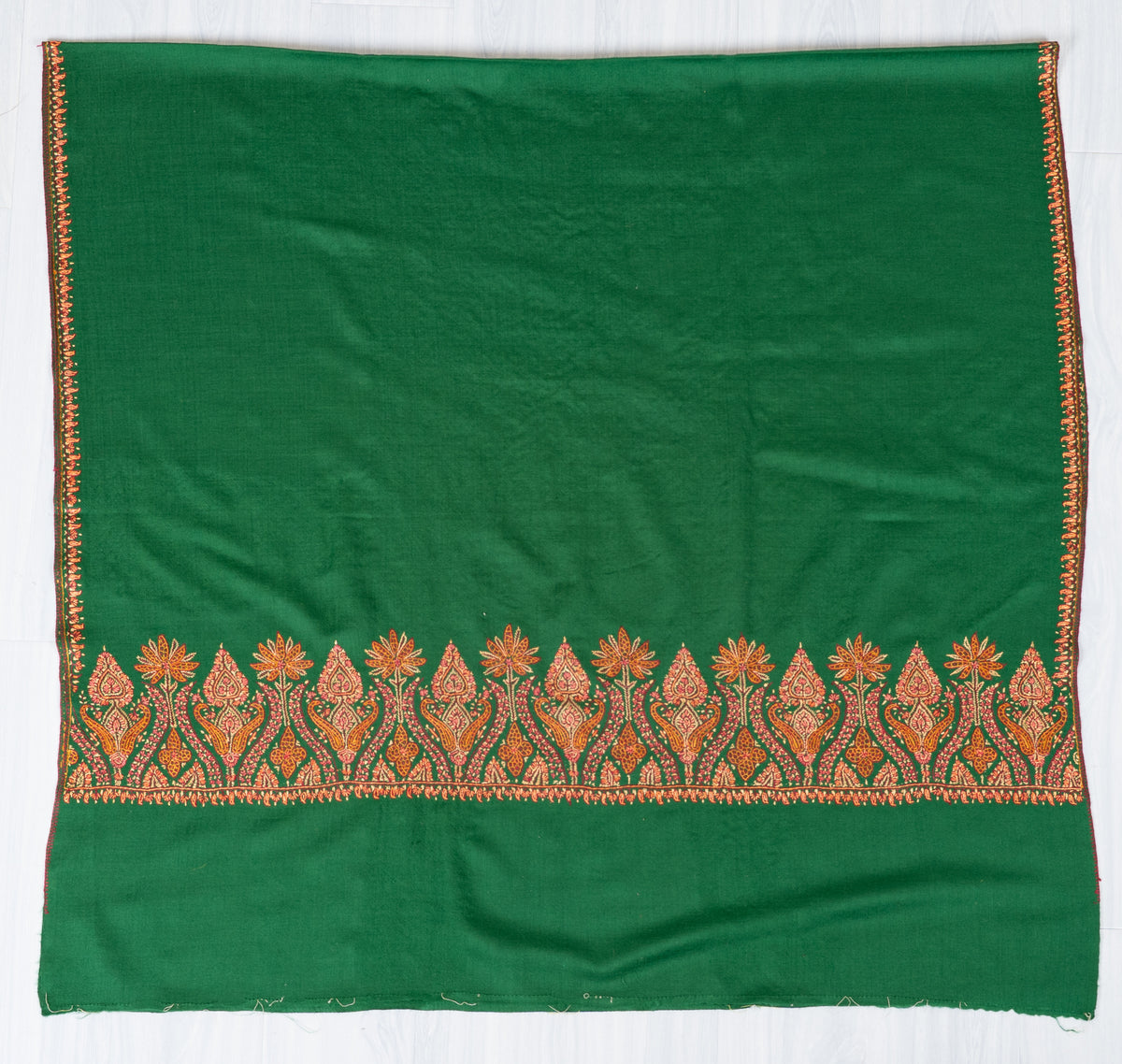 Emerald Ember Fine Merino Wool Shawl with Copper Sozni Hand Embroidered Floral Paisleys