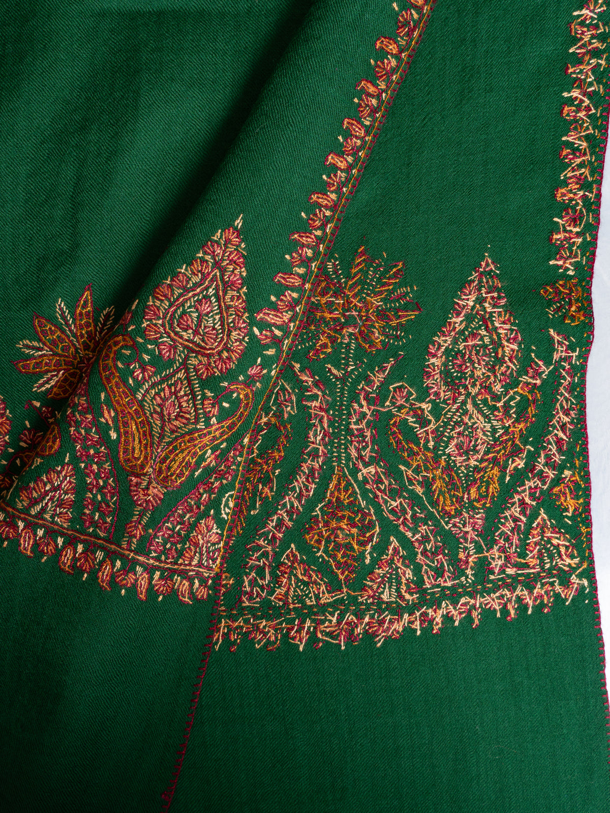 Emerald Ember Fine Merino Wool Shawl with Copper Sozni Hand Embroidered Floral Paisleys