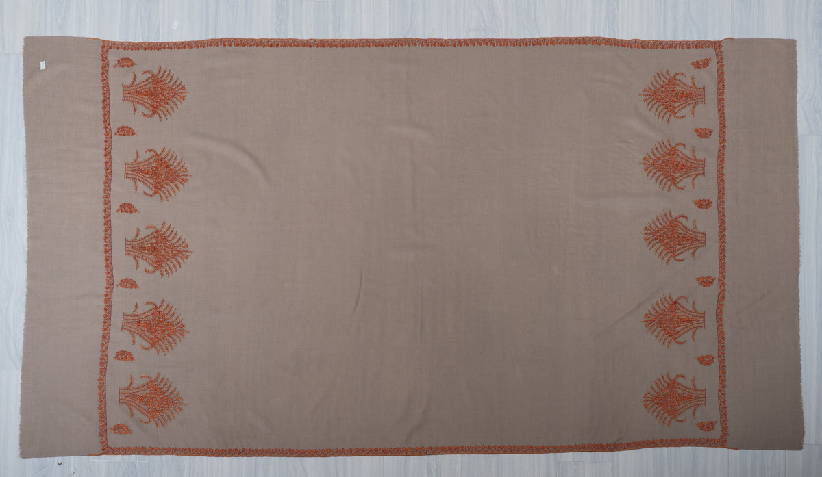 Sandstone Autumn Fine Merino Wool Shawl with Rust Sozni Hand Embroidered Botanical Sprigs