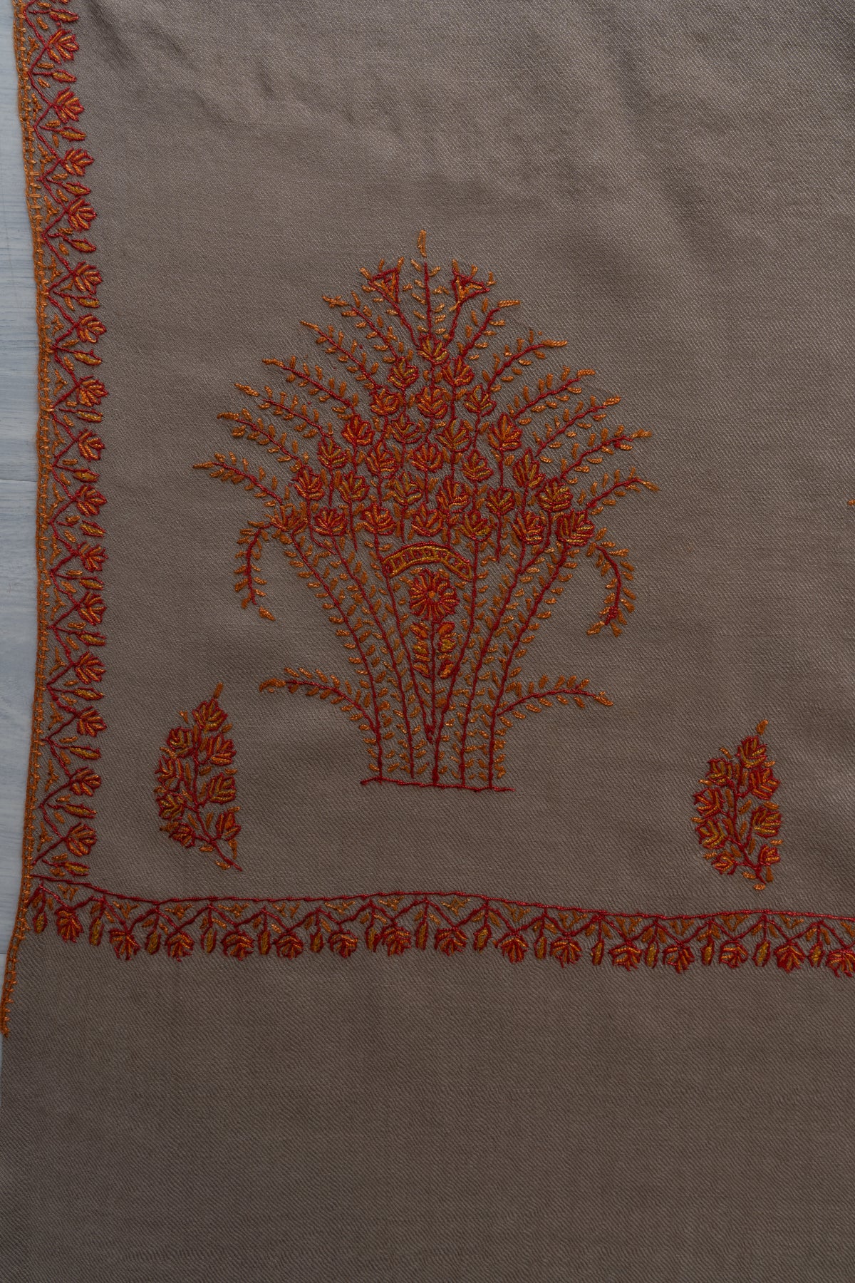 Sandstone Autumn Fine Merino Wool Shawl with Rust Sozni Hand Embroidered Botanical Sprigs