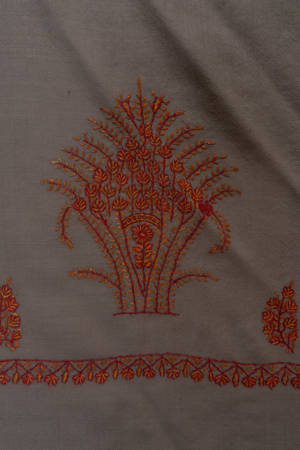 Sandstone Autumn Fine Merino Wool Shawl with Rust Sozni Hand Embroidered Botanical Sprigs