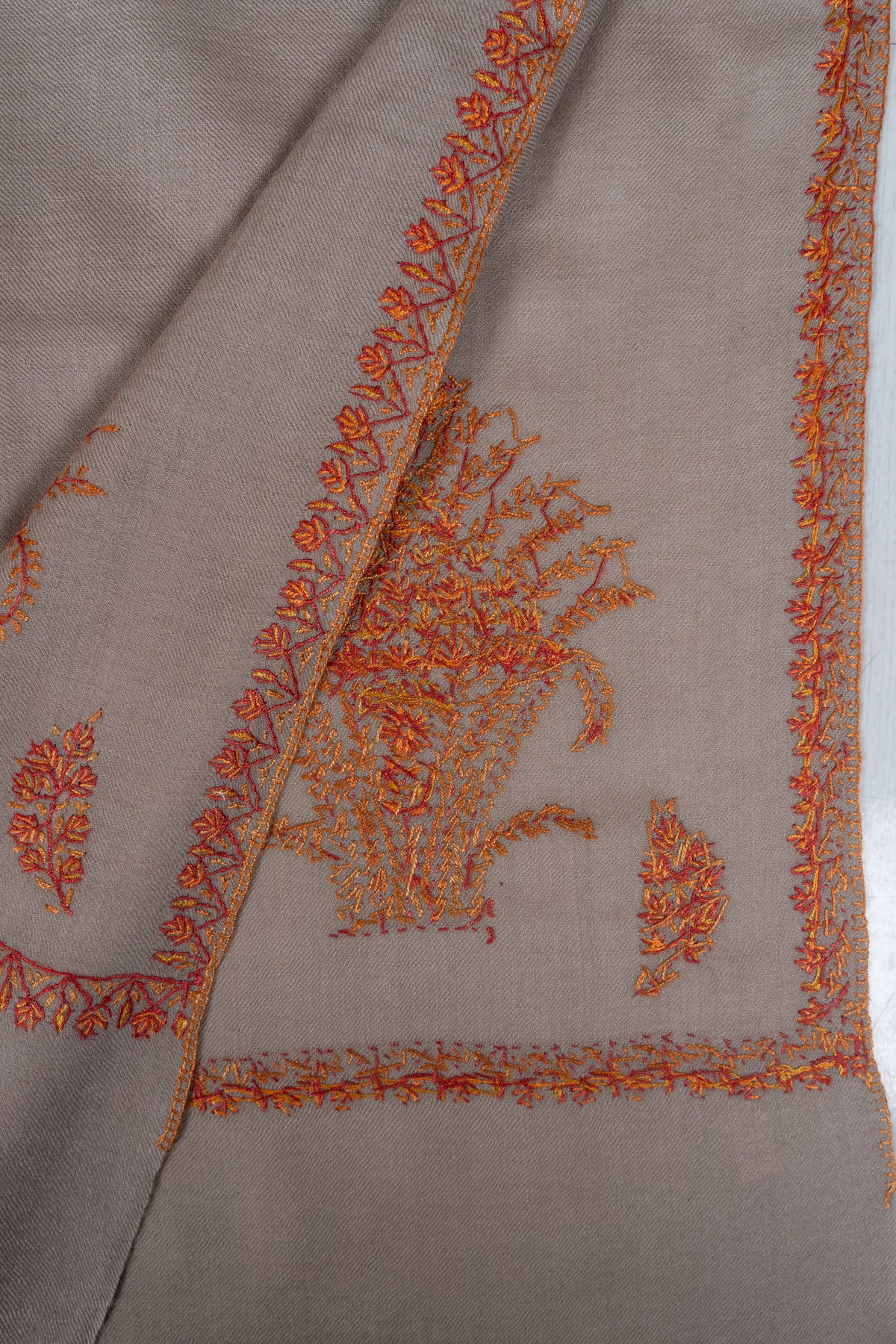 Sandstone Autumn Fine Merino Wool Shawl with Rust Sozni Hand Embroidered Botanical Sprigs
