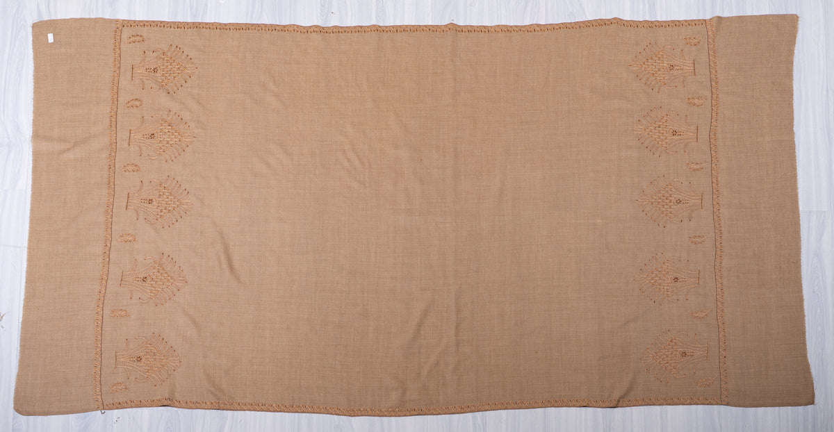 Sand Dune Elegance Fine Merino Wool Shawl with Tonal Sozni Hand Embroidered Botanical Motifs