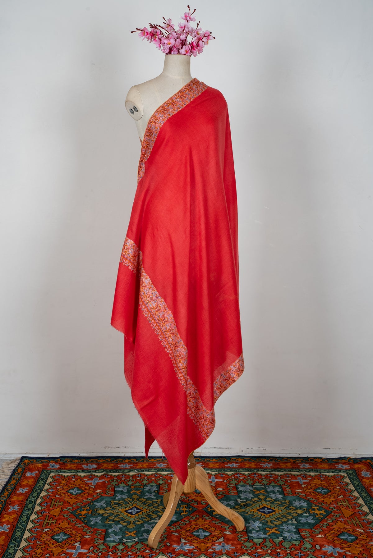 Scarlet Ember Grace: Pure Pashmina Hand Embroidered Shawl