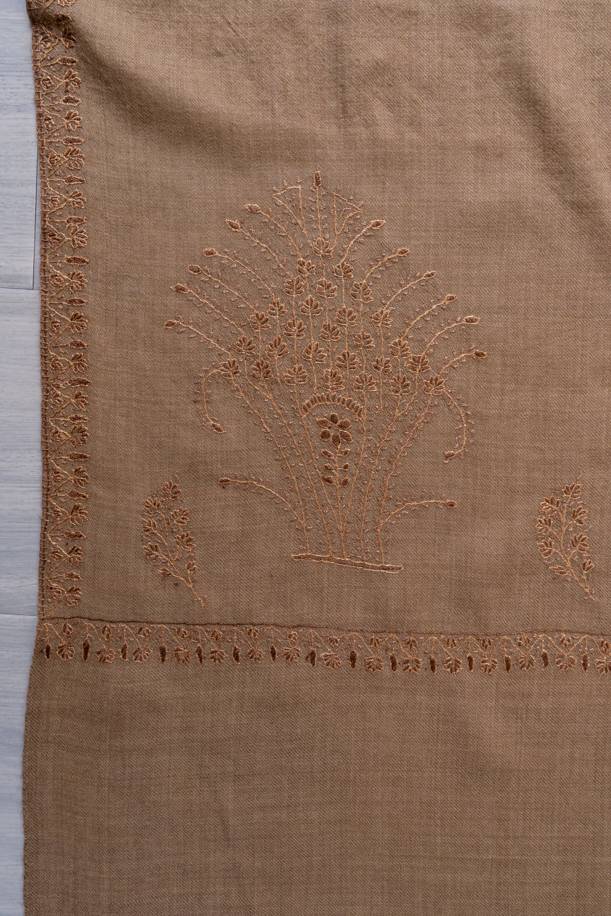 Sand Dune Elegance Fine Merino Wool Shawl with Tonal Sozni Hand Embroidered Botanical Motifs