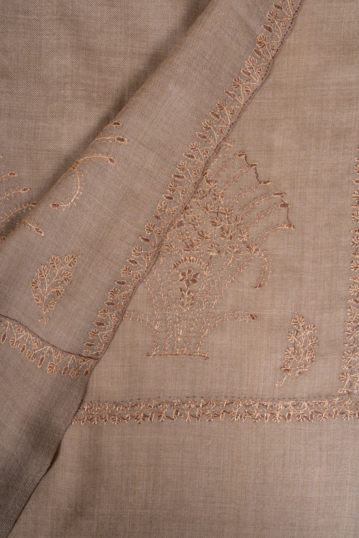 Sand Dune Elegance Fine Merino Wool Shawl with Tonal Sozni Hand Embroidered Botanical Motifs