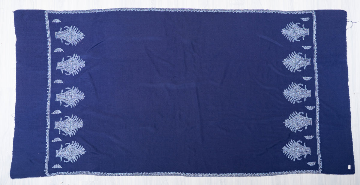 Sapphire Frost Fine Merino Wool Shawl with Silver Blue Sozni Hand Embroidered Ferns