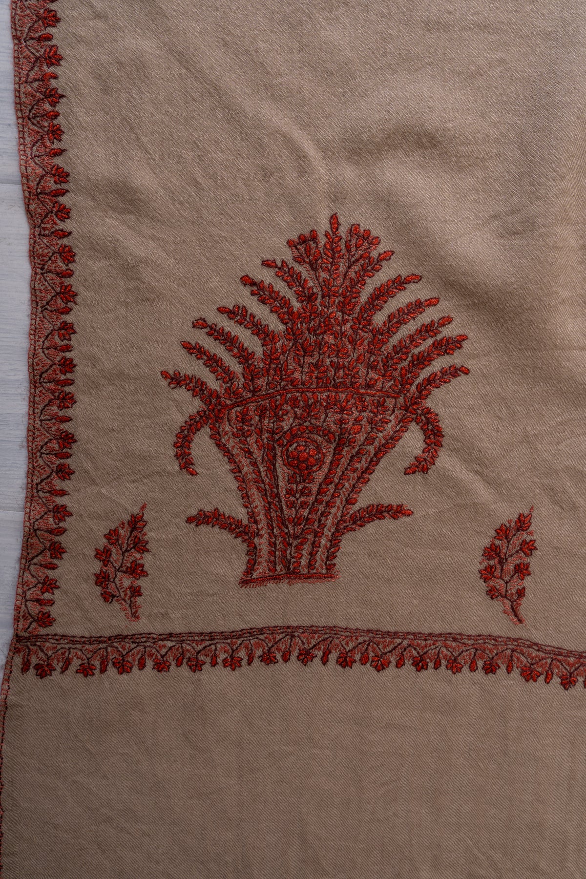 Cinnamon Sand Fine Merino Wool Shawl with Rust Sozni Hand Embroidered Fern Motifs