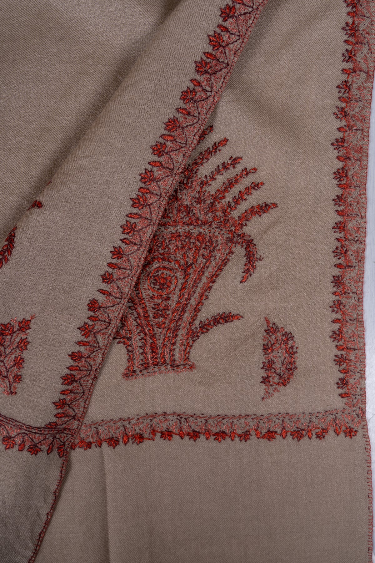 Cinnamon Sand Fine Merino Wool Shawl with Rust Sozni Hand Embroidered Fern Motifs