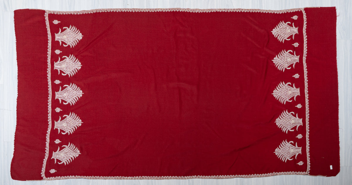 Crimson Ivory Fine Merino Wool Shawl with Sozni Hand Embroidered Fern Leaf Patterns