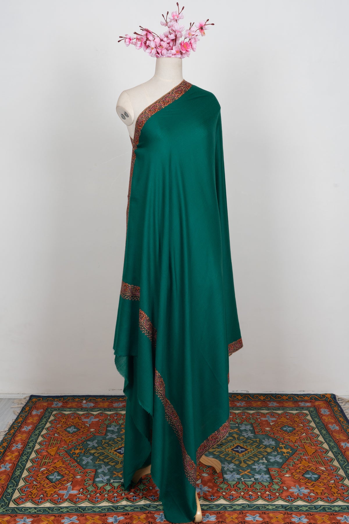 Emerald Court Classic: Merino wool 2.5 Yards Sozni Hand Embroidered Shawl
