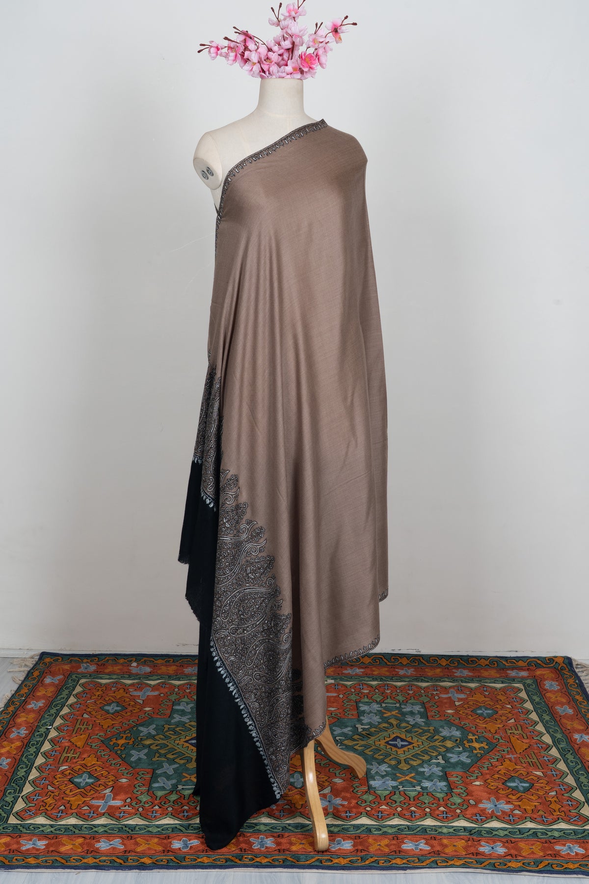 Desert Noir Paisley: Merino wool 2.5 Yards Sozni Hand Embroidered Shawl