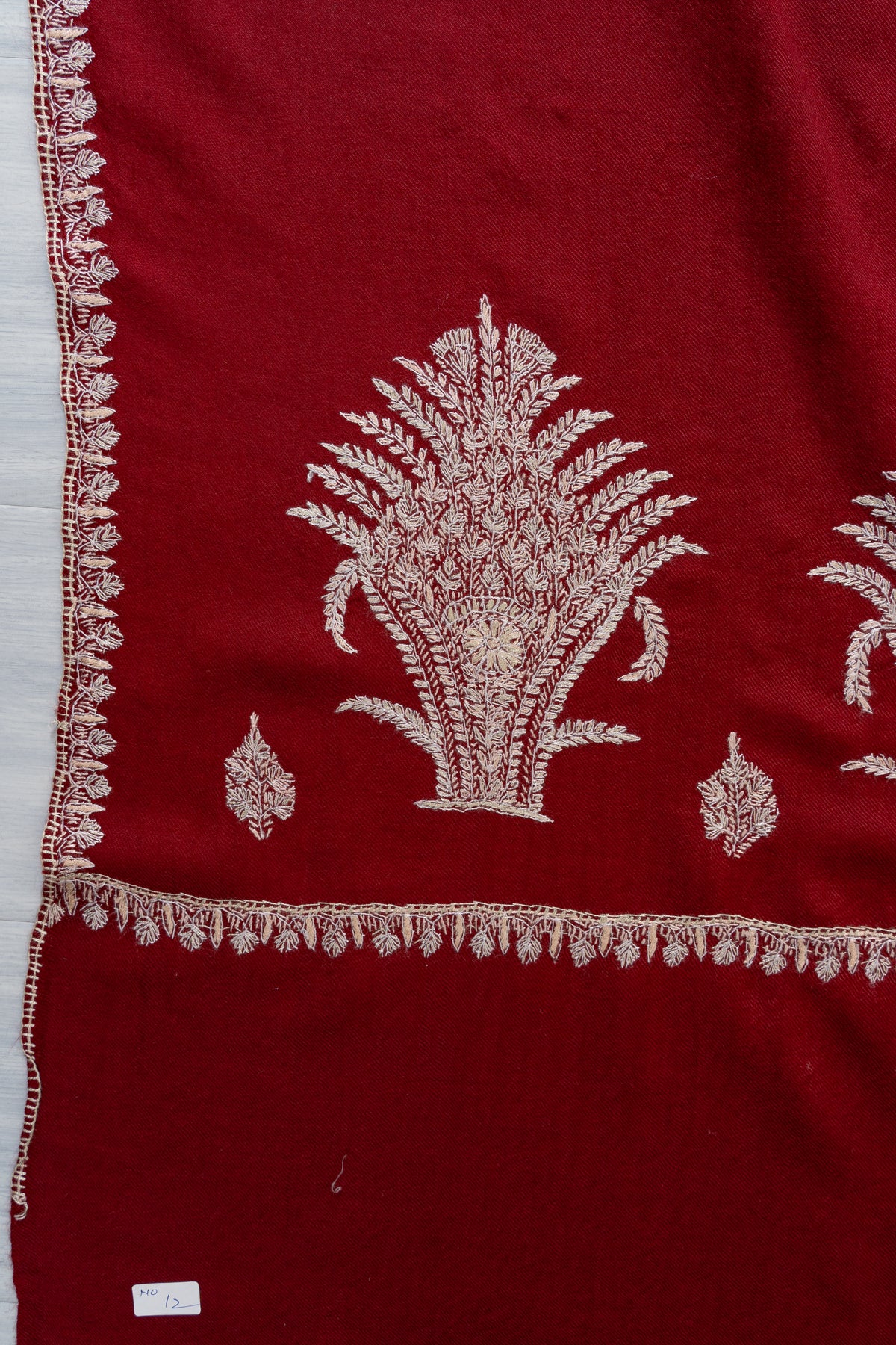 Crimson Ivory Fine Merino Wool Shawl with Sozni Hand Embroidered Fern Leaf Patterns
