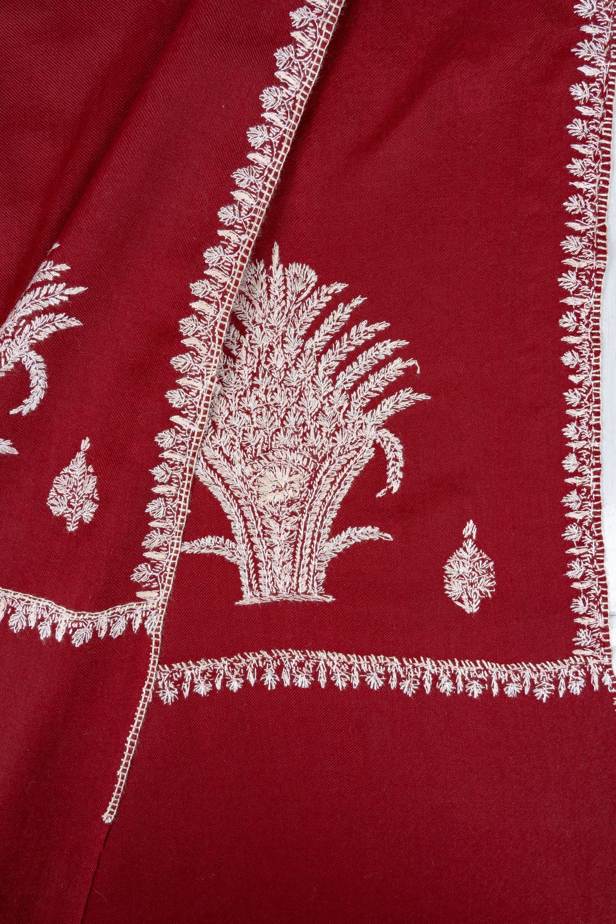 Crimson Ivory Fine Merino Wool Shawl with Sozni Hand Embroidered Fern Leaf Patterns
