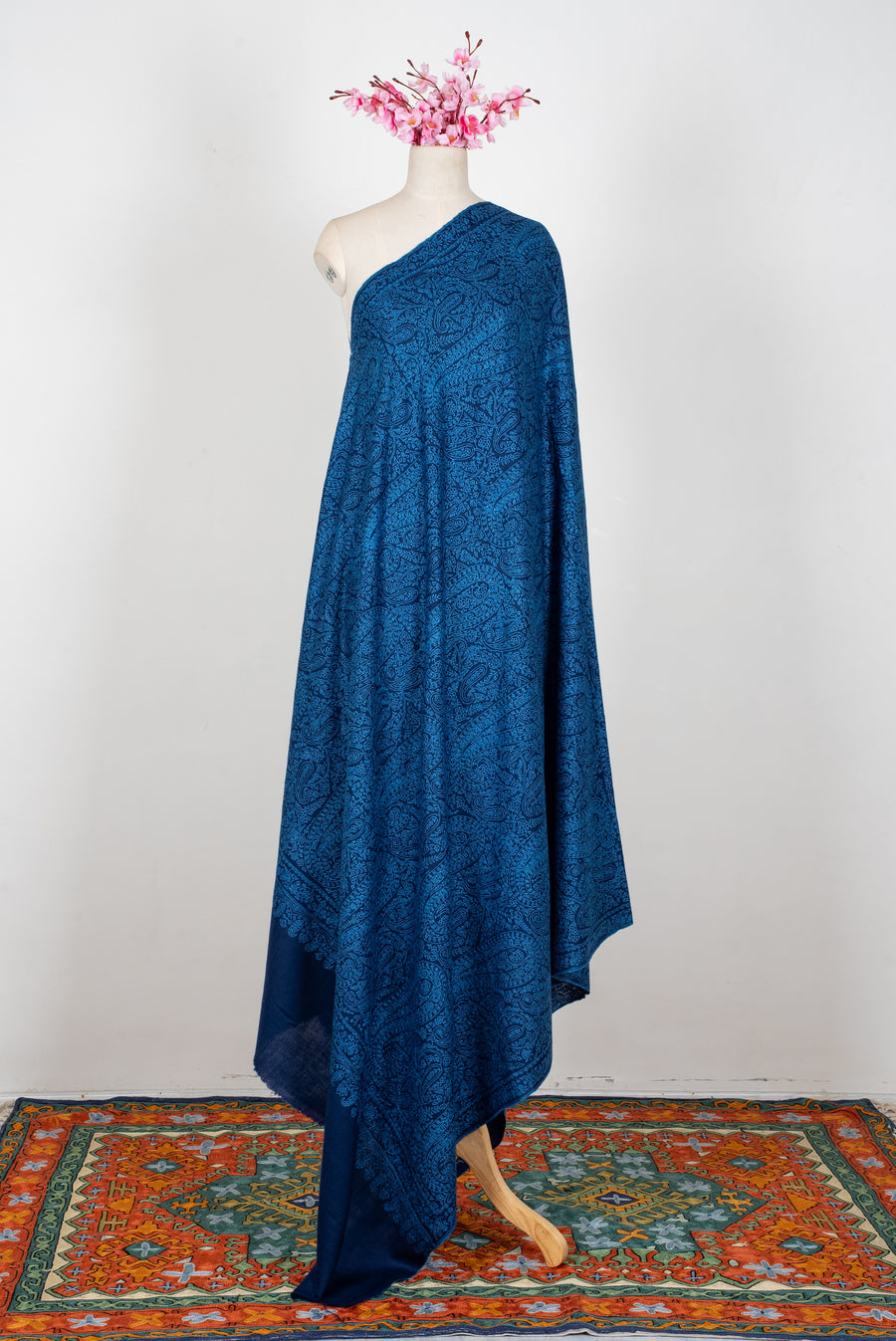 3 yards Midnight Sapphire Paisley: Pure Pashmina Hand Embroidered Jamawar Shawl