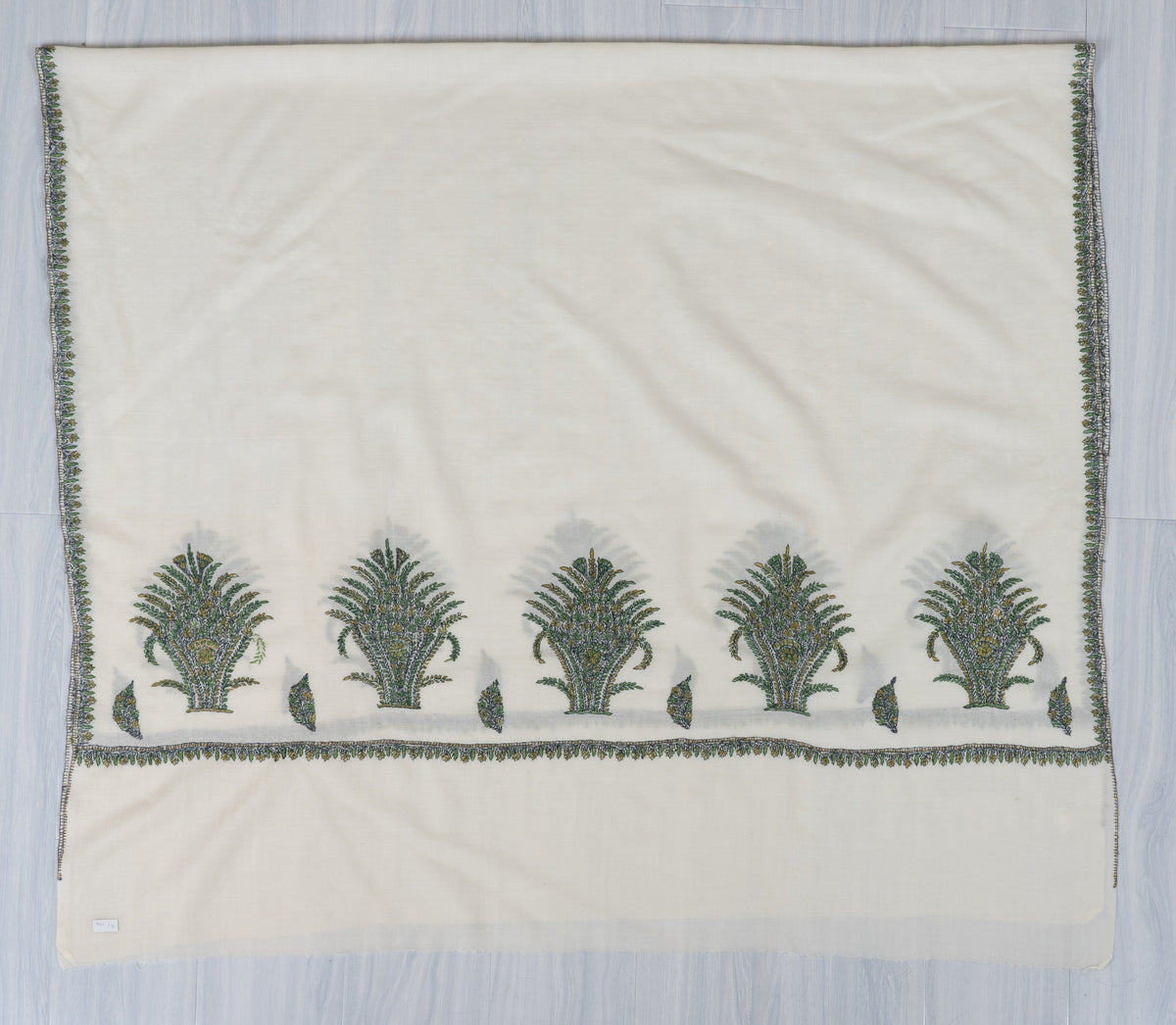 Ivory Evergreen Fine Merino Wool Shawl with Olive Green Sozni Hand Embroidered Fern Motifs