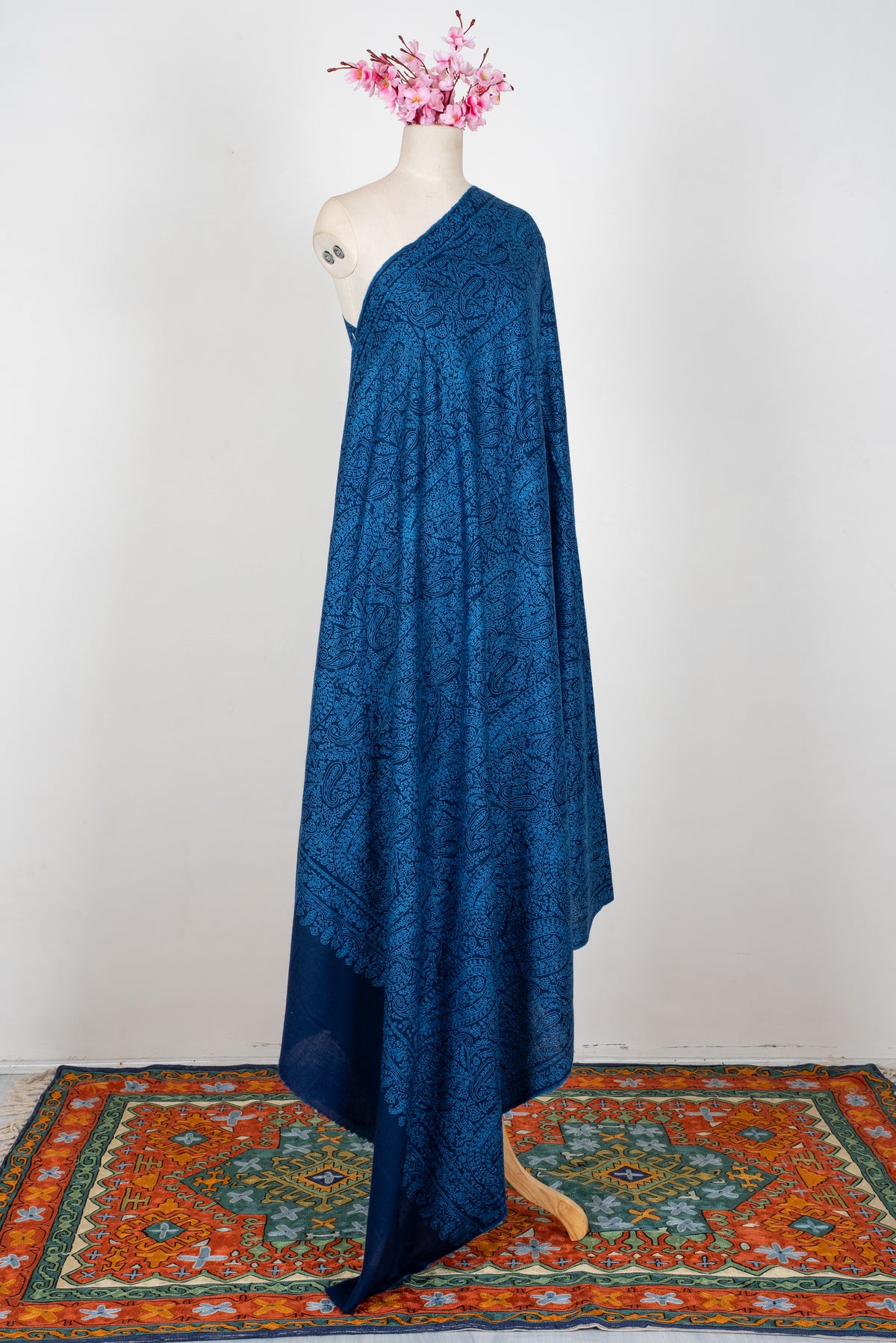 3 yards Midnight Sapphire Paisley: Pure Pashmina Hand Embroidered Jamawar Shawl