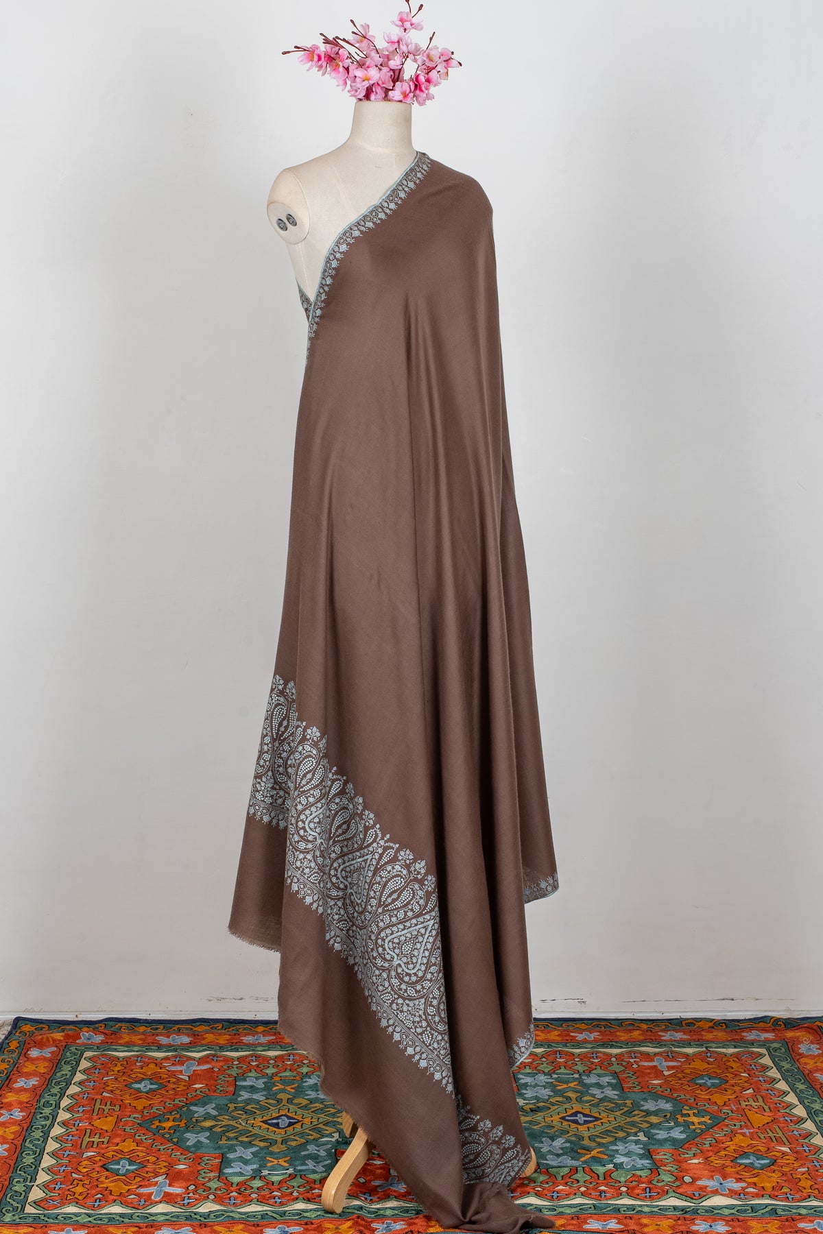 3 Yards Mocha Silver Bloom: Pure Pashmina Hand Embroidered Shawl