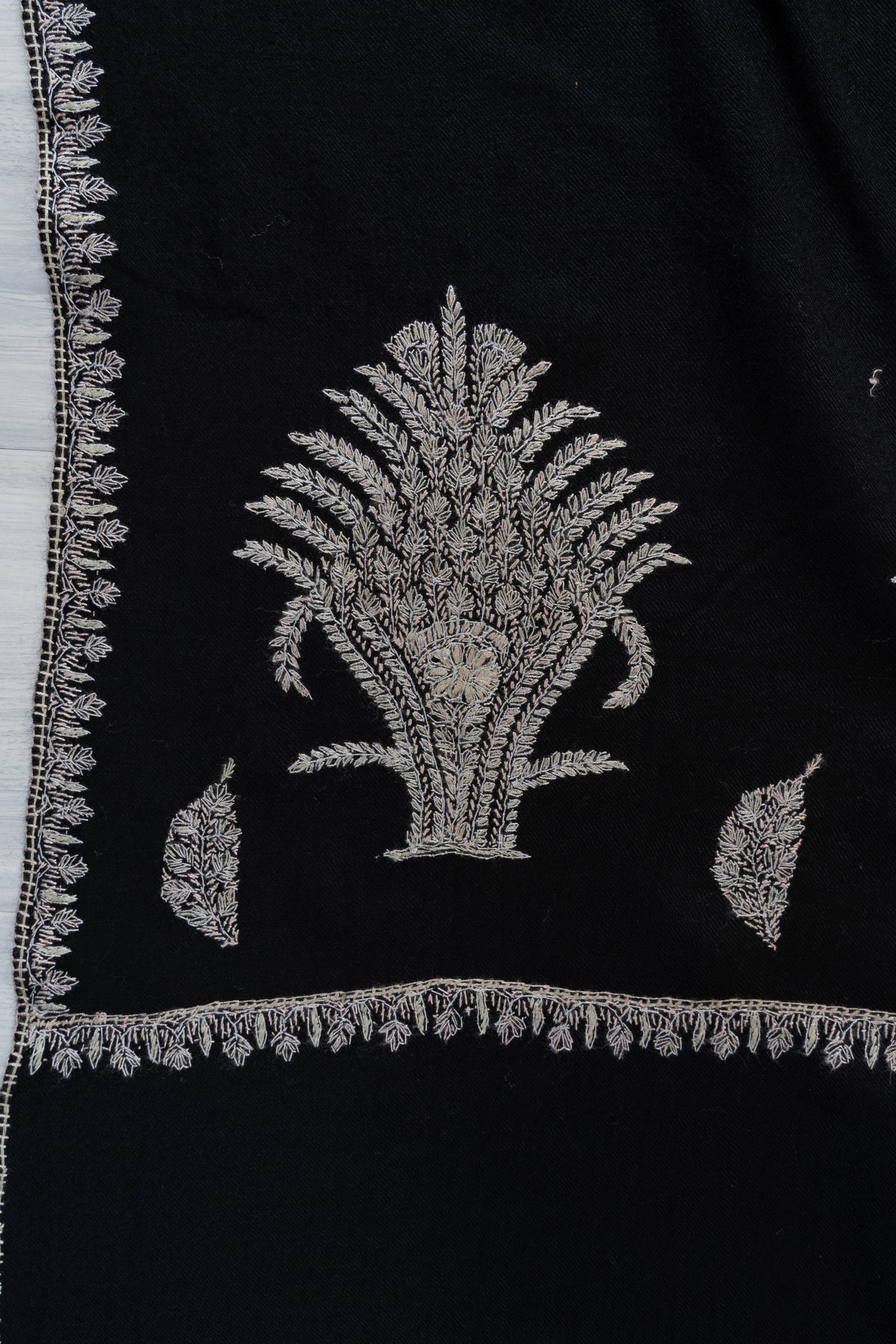 Midnight Silver Fern Fine Merino Wool Shawl with Sozni Hand Embroidered Botanical Motifs
